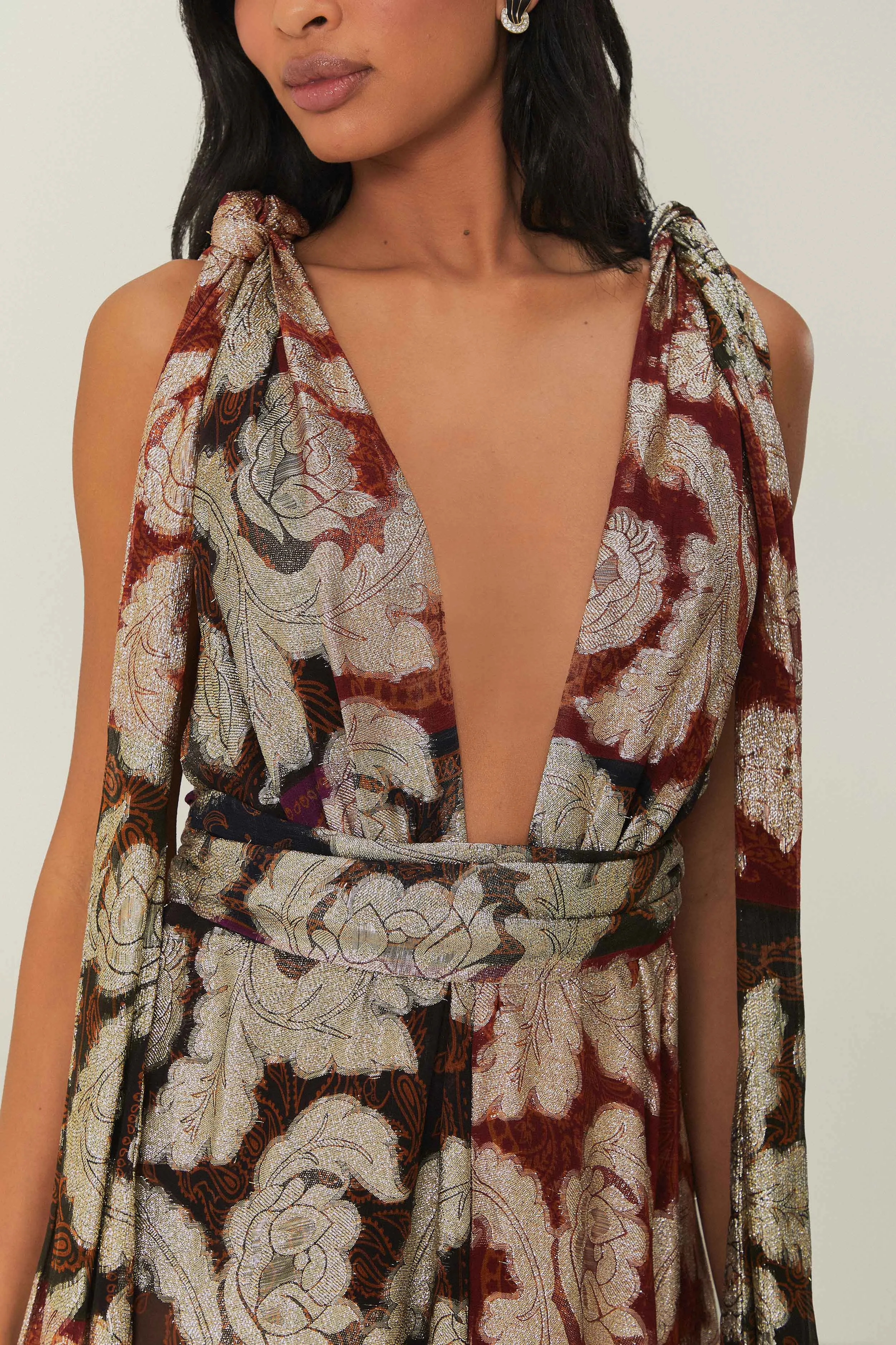 Mesh Touch Botanic Scene Jacquard Lurex Sleeveless Maxi Dress