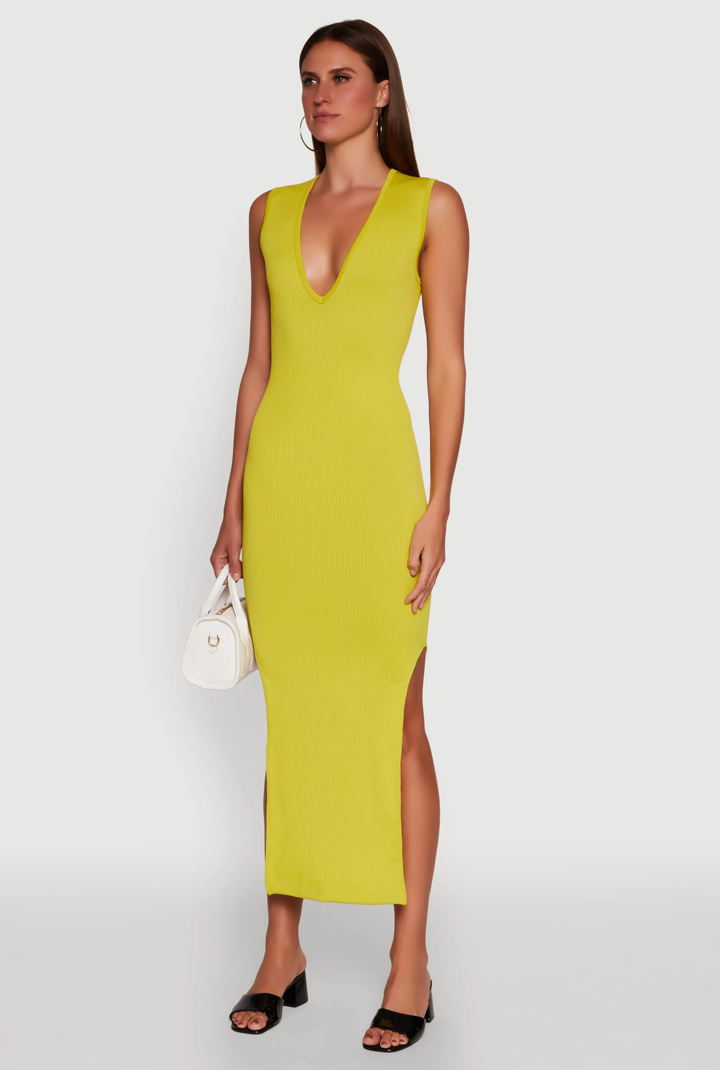 Dune Path Its elegant silhouette adds a touch of sophistication to your everyday look Trendy Rib Knit Plunge Neck Side Slit Maxi Dress