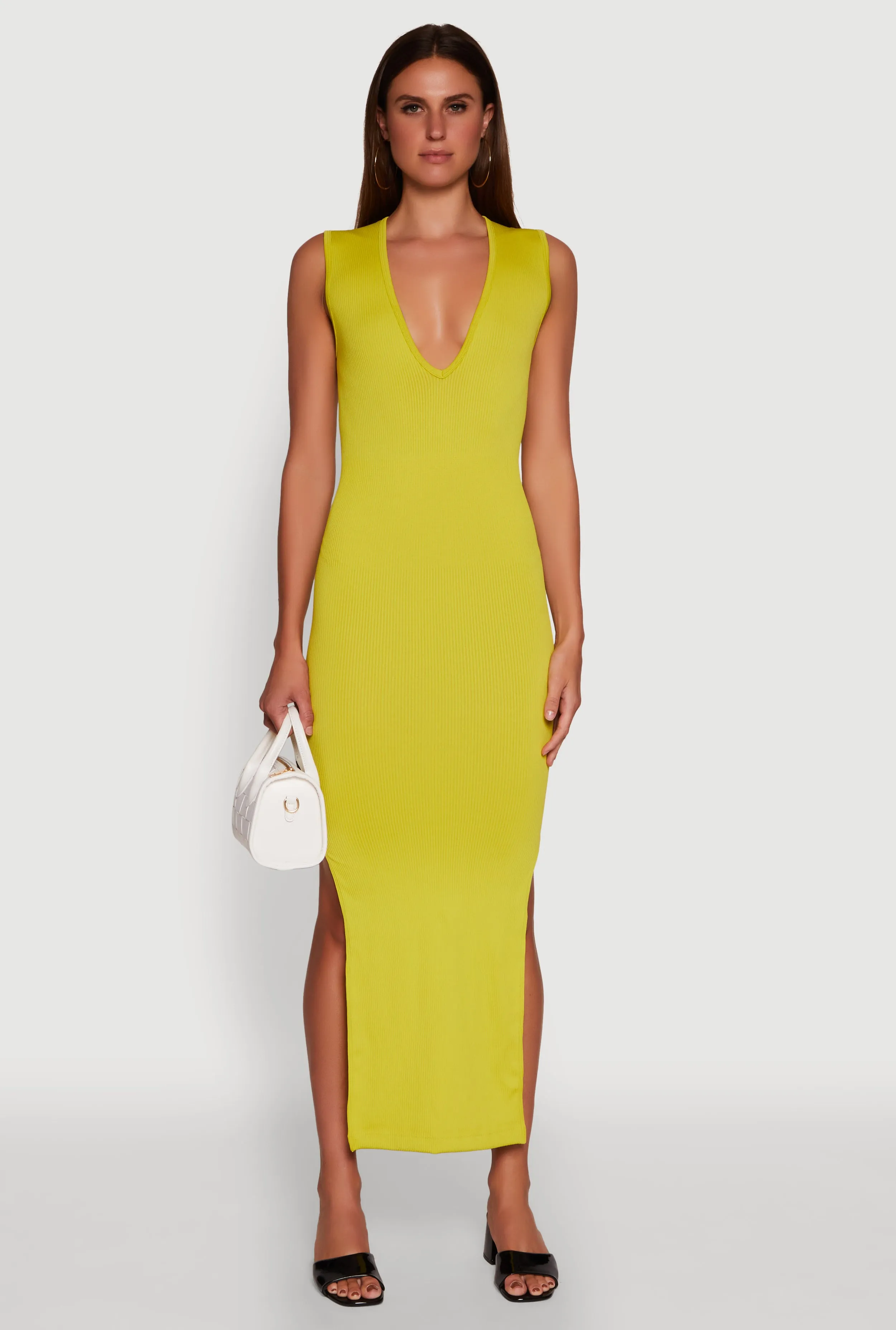 Ethereal Air Trendy Rib Knit Plunge Neck Side Slit Maxi Dress