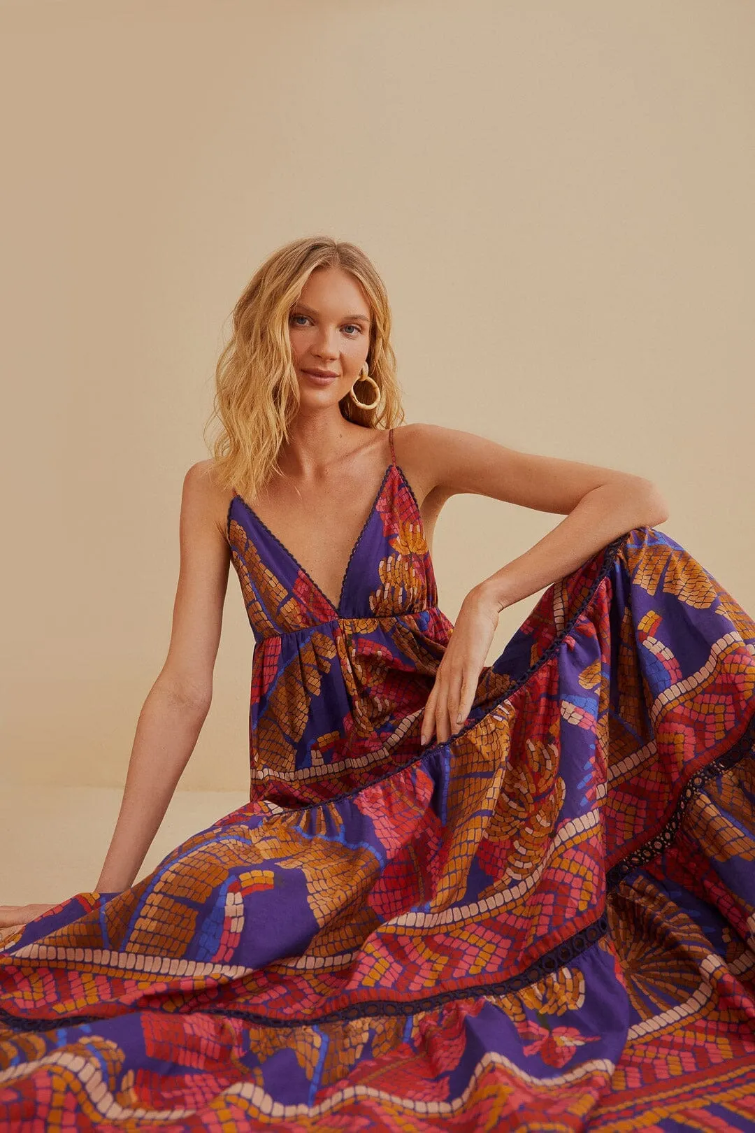 Blue Forest Mosaic Sleeveless Maxi Dress embroidery work