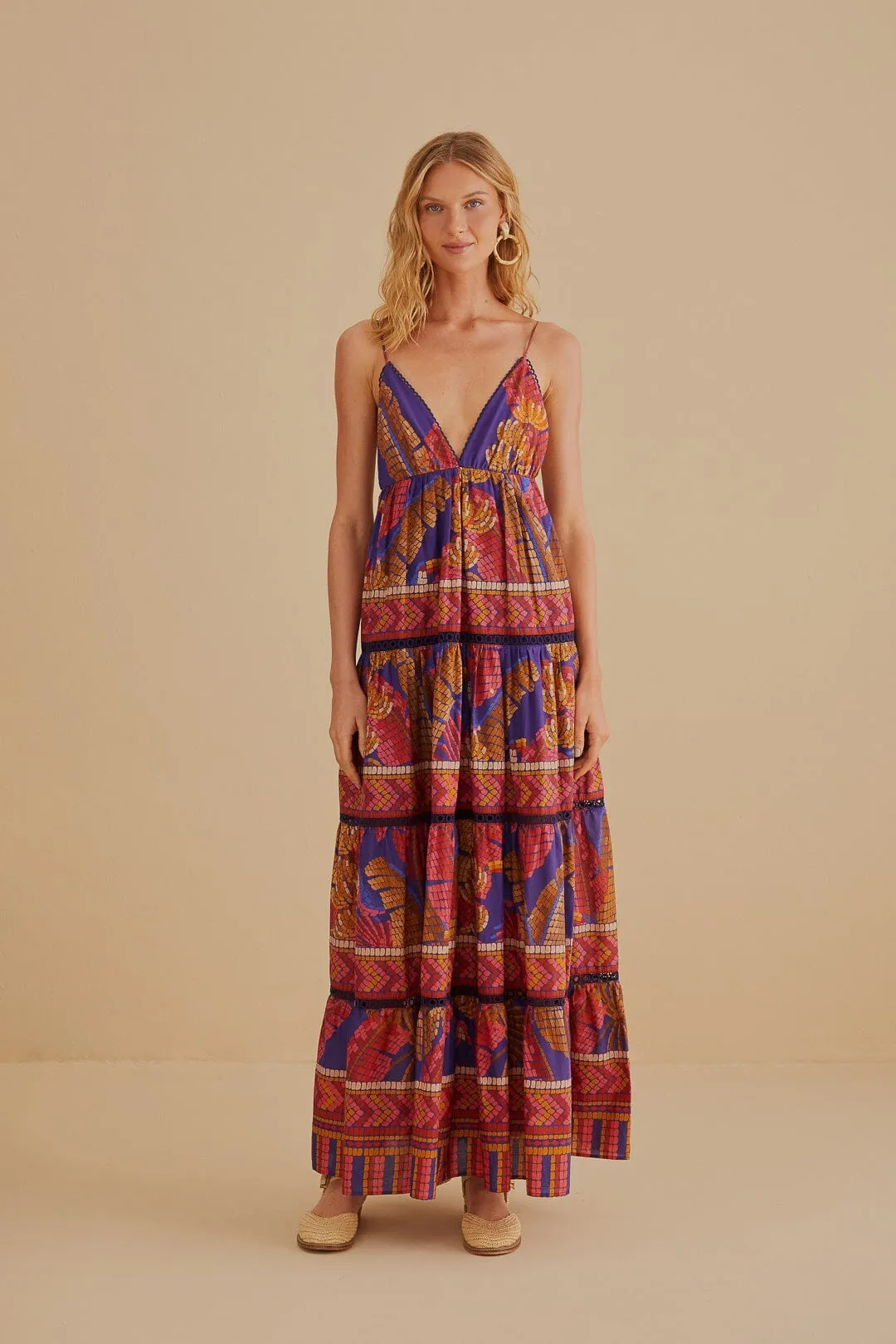 Blue Forest Mosaic Sleeveless Maxi Dress Shimmer Sky