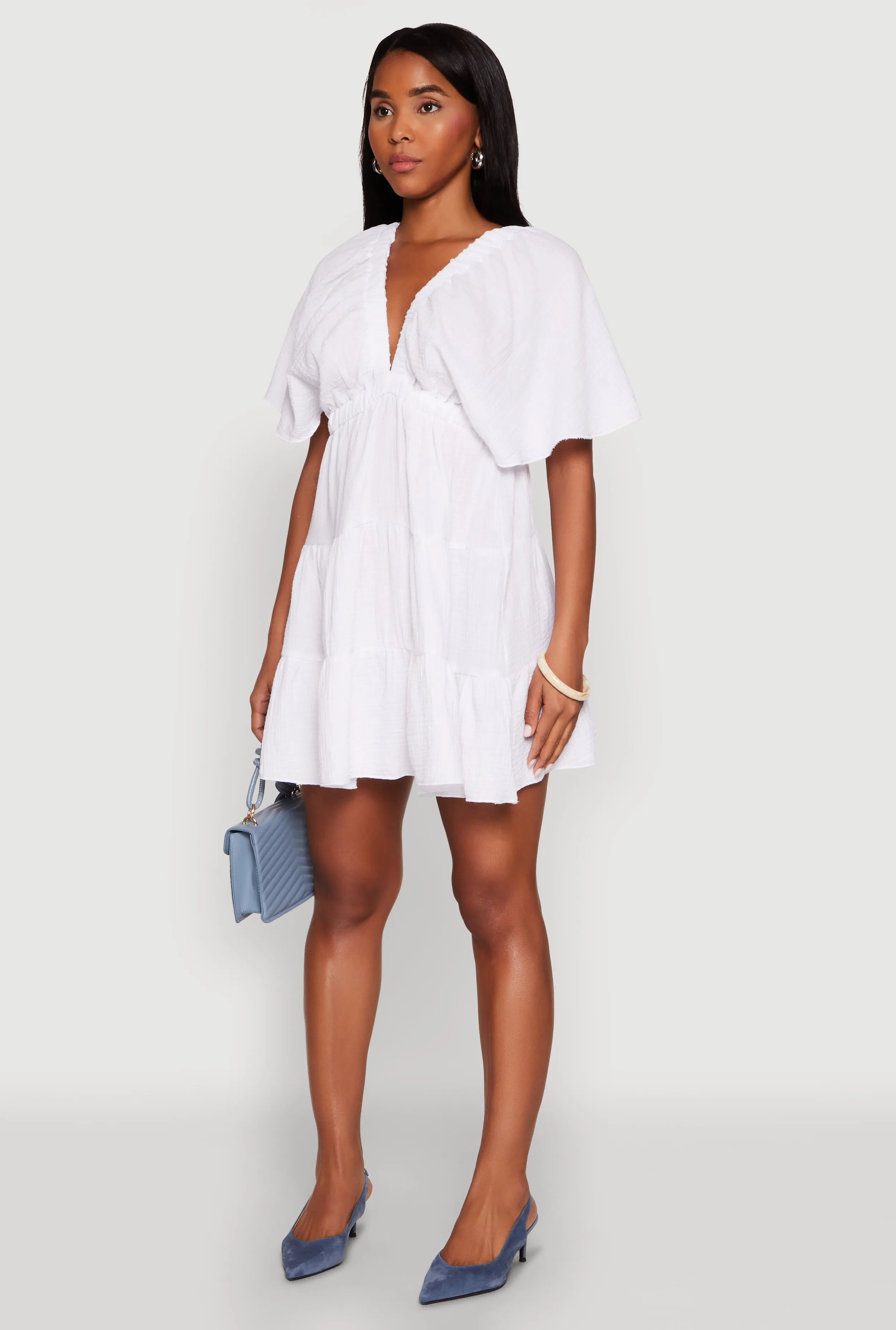 Glow Cool Trendy Charm Gauze Knit Plunge Tiered Mini Dress