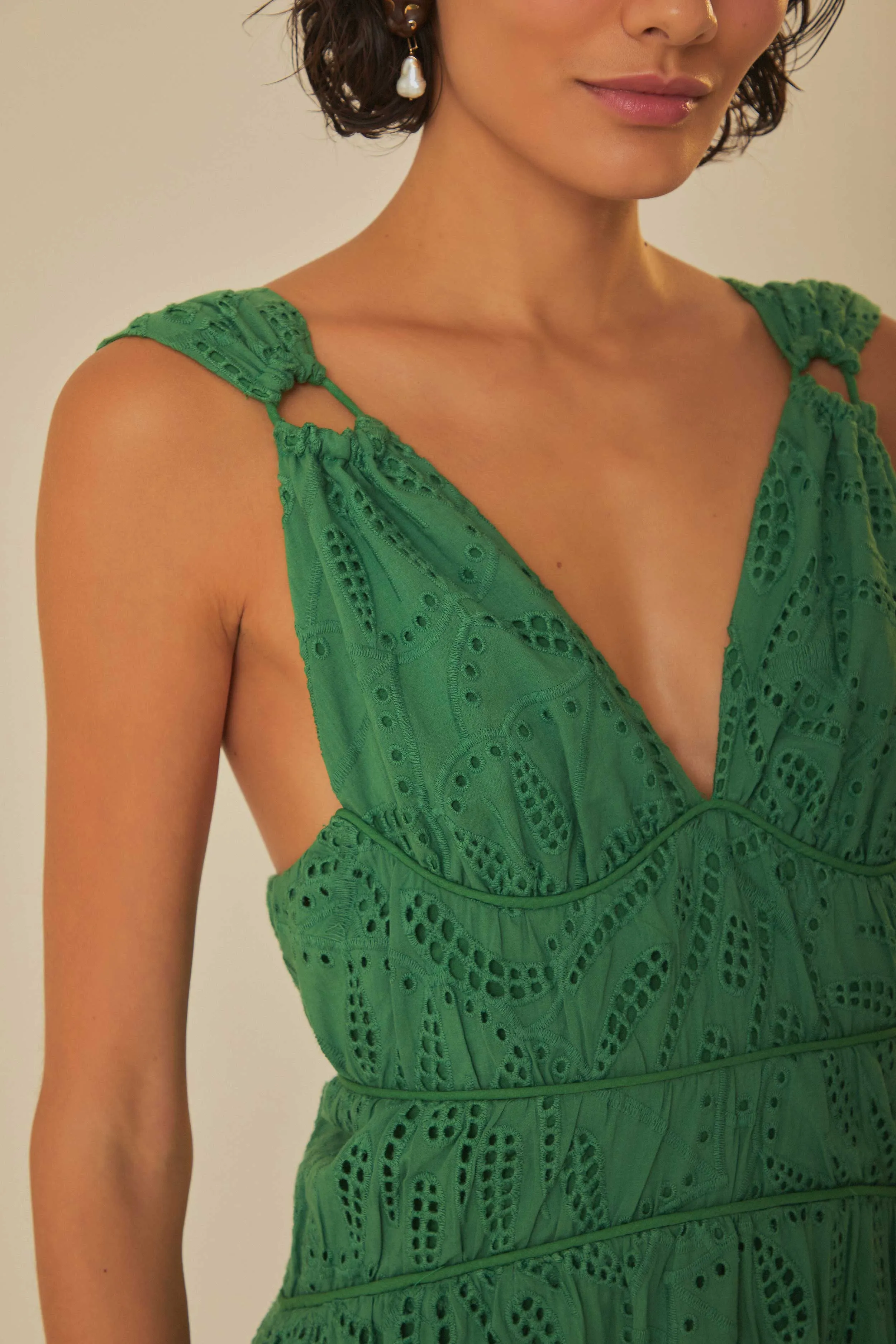Green Monstera Corset Eyelet Maxi Dress Crystal Glow