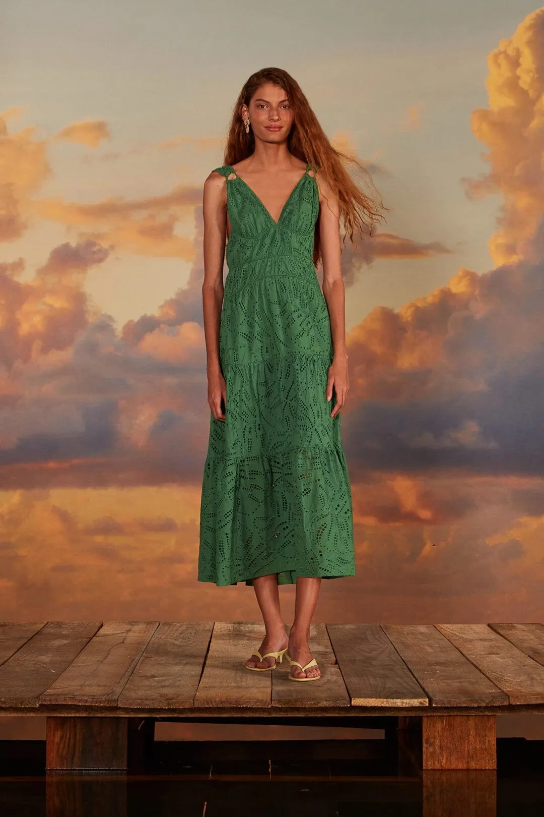 Country Glow Sequin Glow Green Monstera Corset Eyelet Maxi Dress