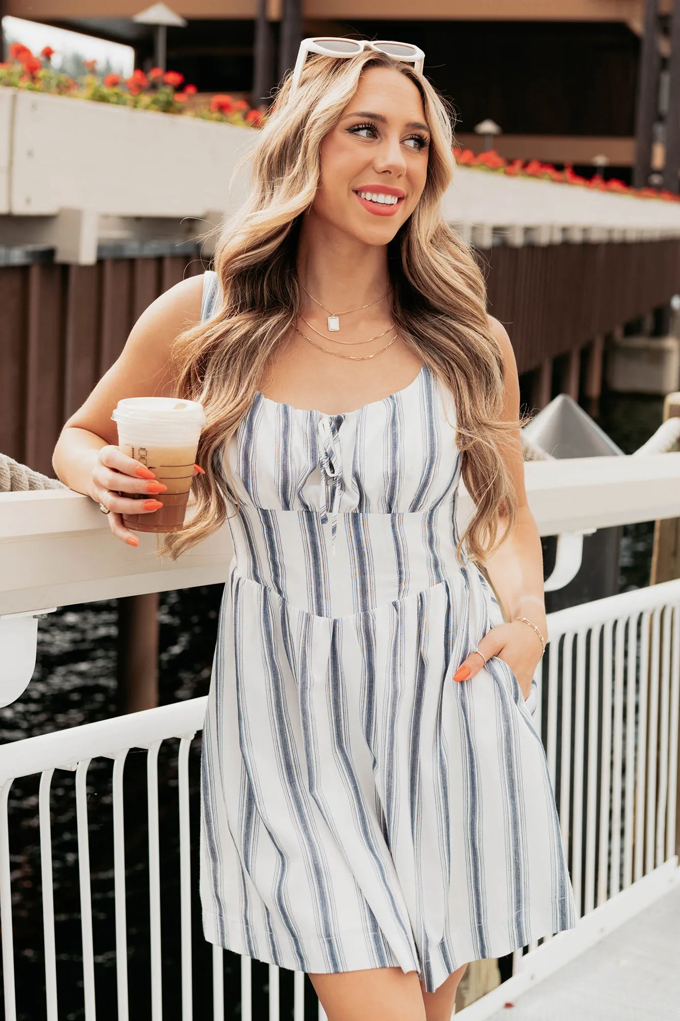 Here With Me Striped Mini Dress (Off White/Navy) Comfort Wear Simple Style Look