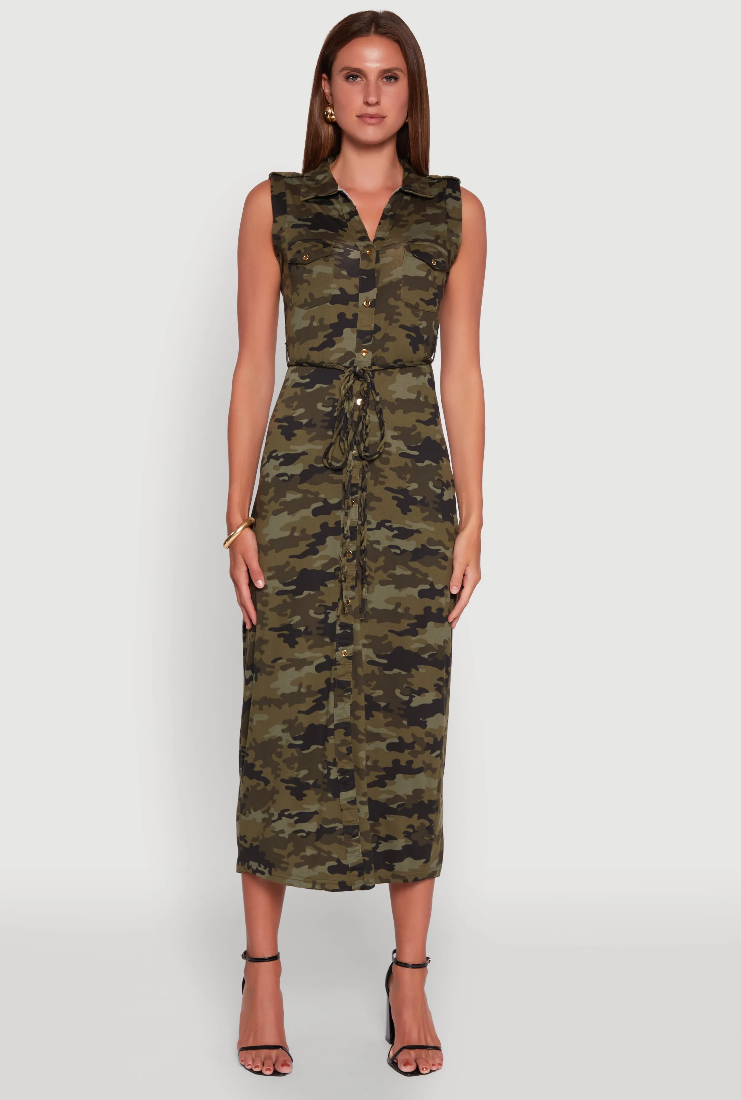 Vibrant colored maxi garden party Patterned Button Front Sleeveless Maxi Shirt Dress