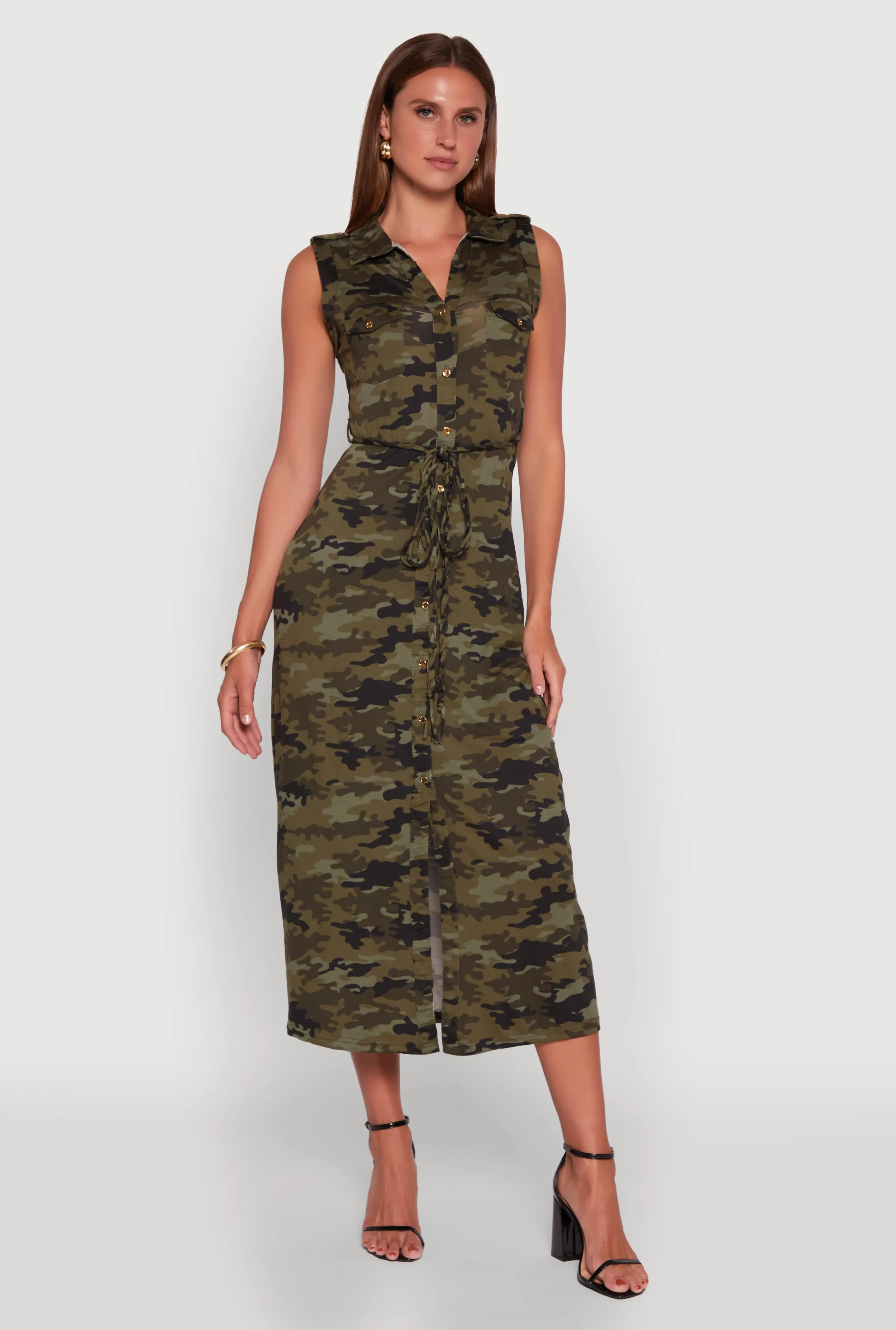 Fashionable formal event piece Patterned Button Front Sleeveless Maxi Shirt Dress