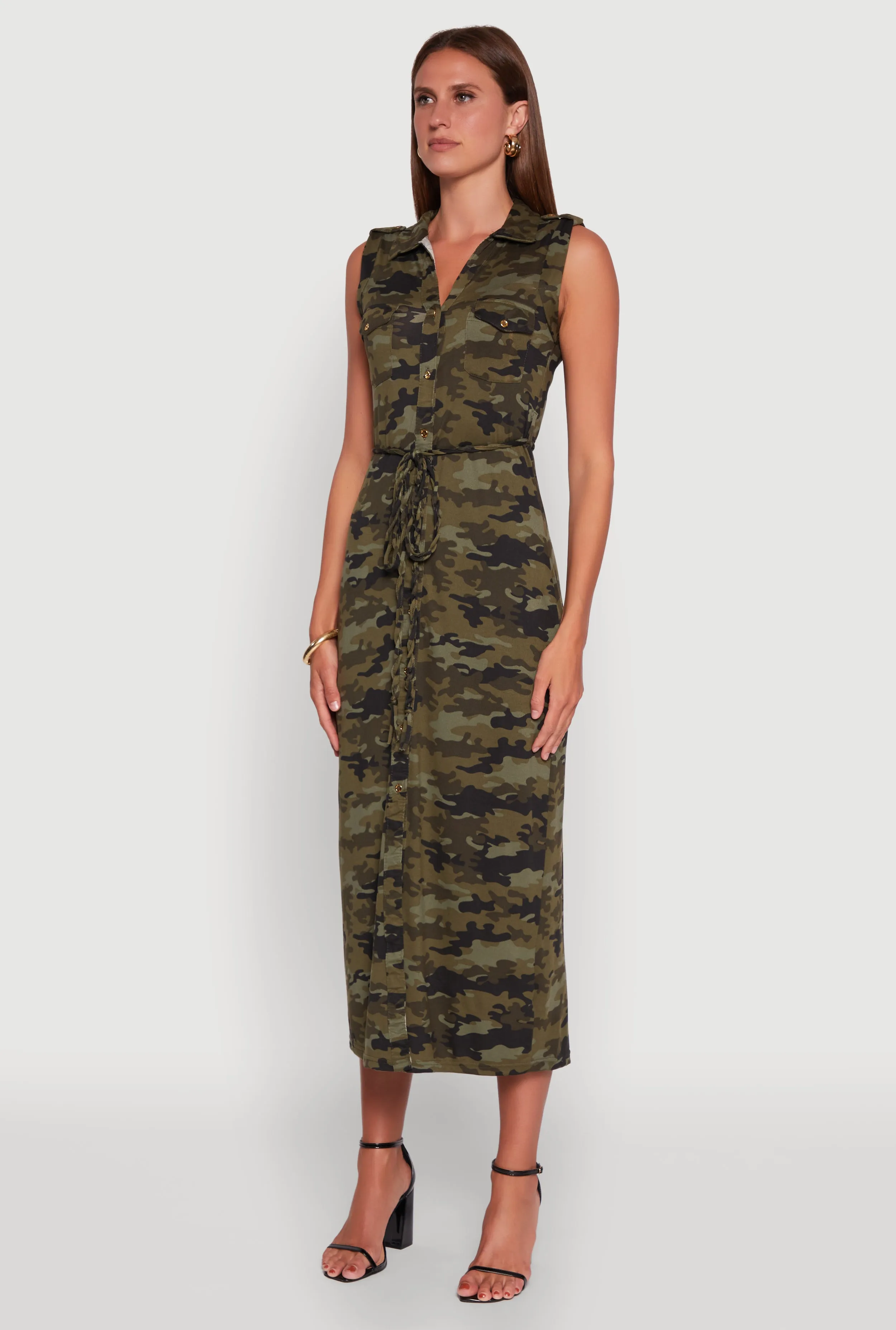 Patterned Button Front Sleeveless Maxi Shirt Dress Onyx Shine