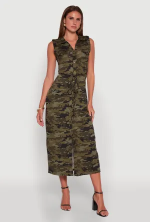 Fashionable formal event piece Patterned Button Front Sleeveless Maxi Shirt Dress