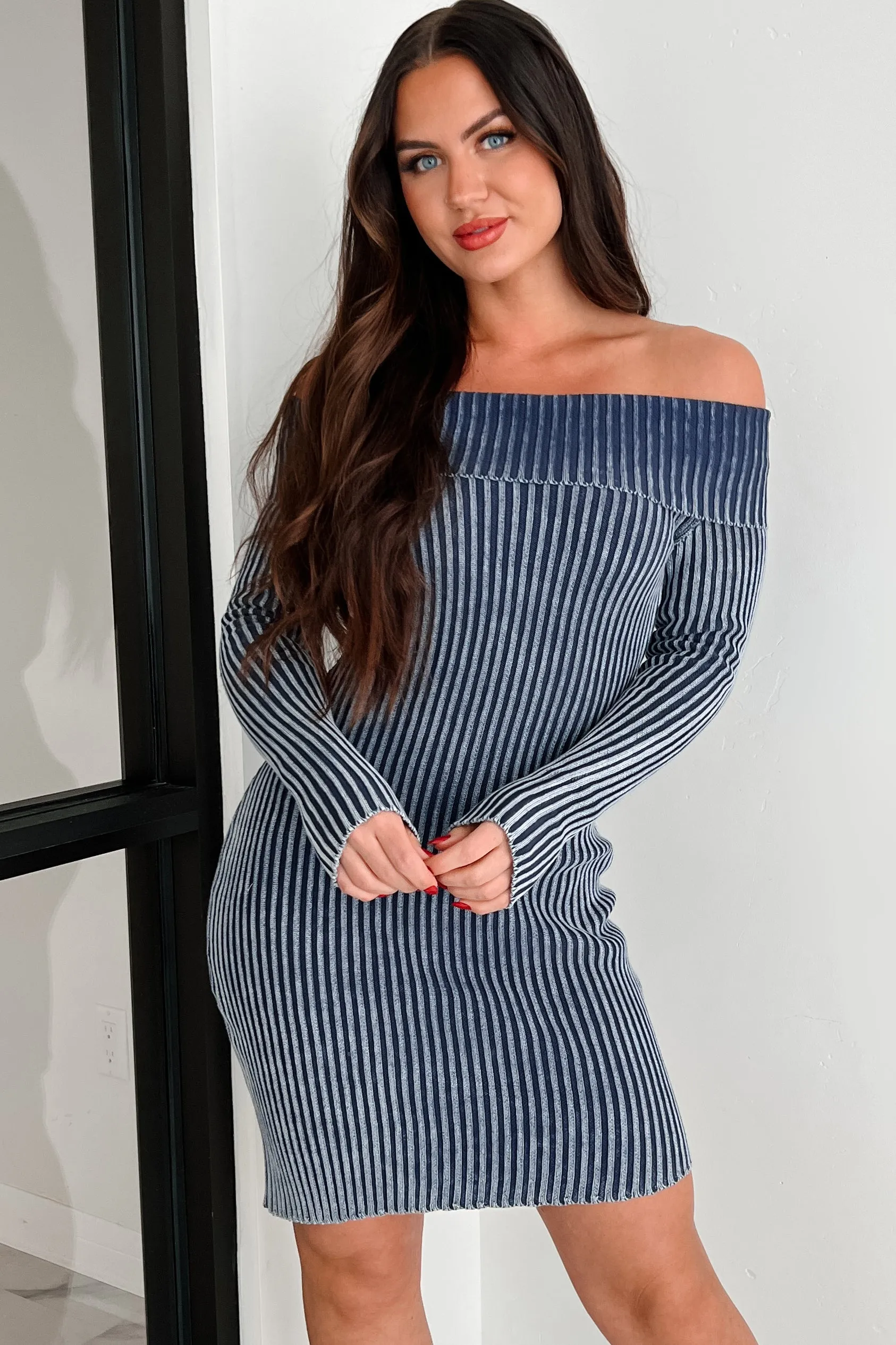 Peggy Off The Shoulder Sweater Dress (Dark Denim Blue) Playful fabric mini dress Cozy Fit