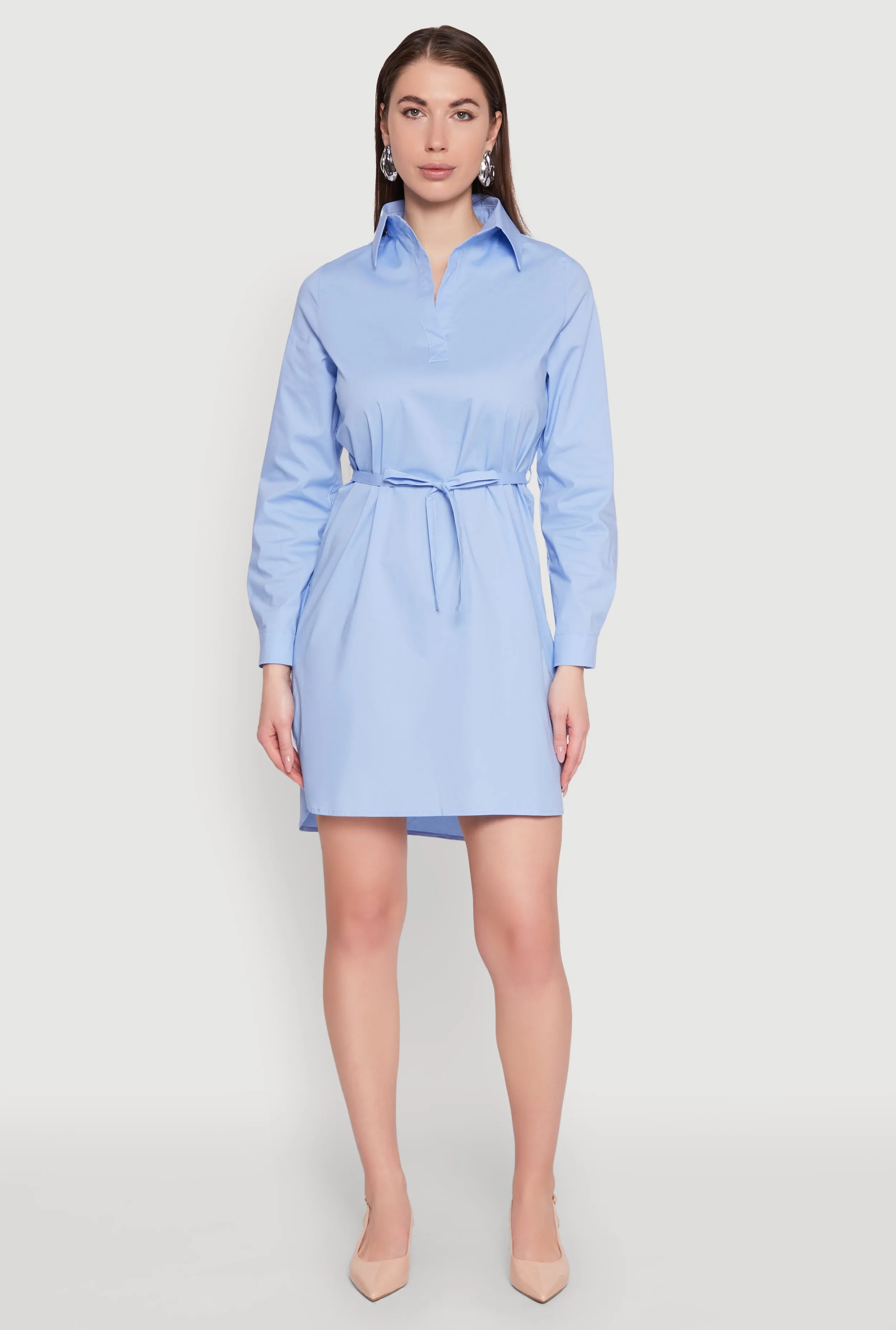 Club Glow Poplin Tie Waist Belted Shirt Dress