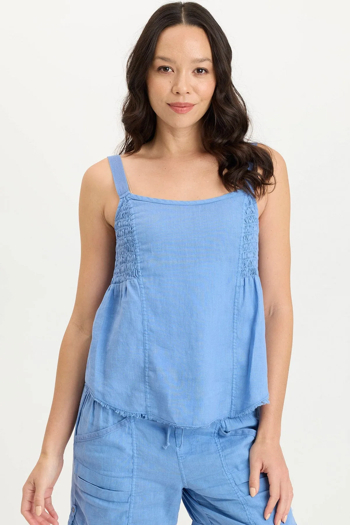 Fernley Linen Ruched Tank Open Heart Adjustable Drawcord