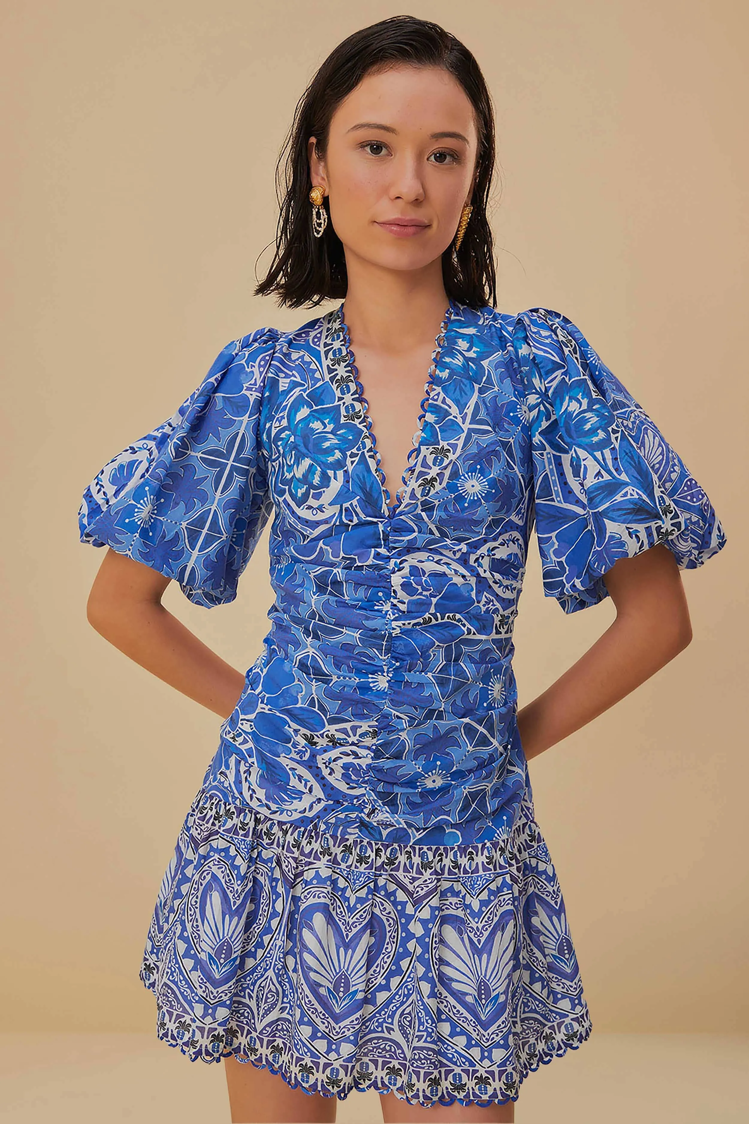 Sassy Look Blue Tile Dream Short Sleeve Mini Dress