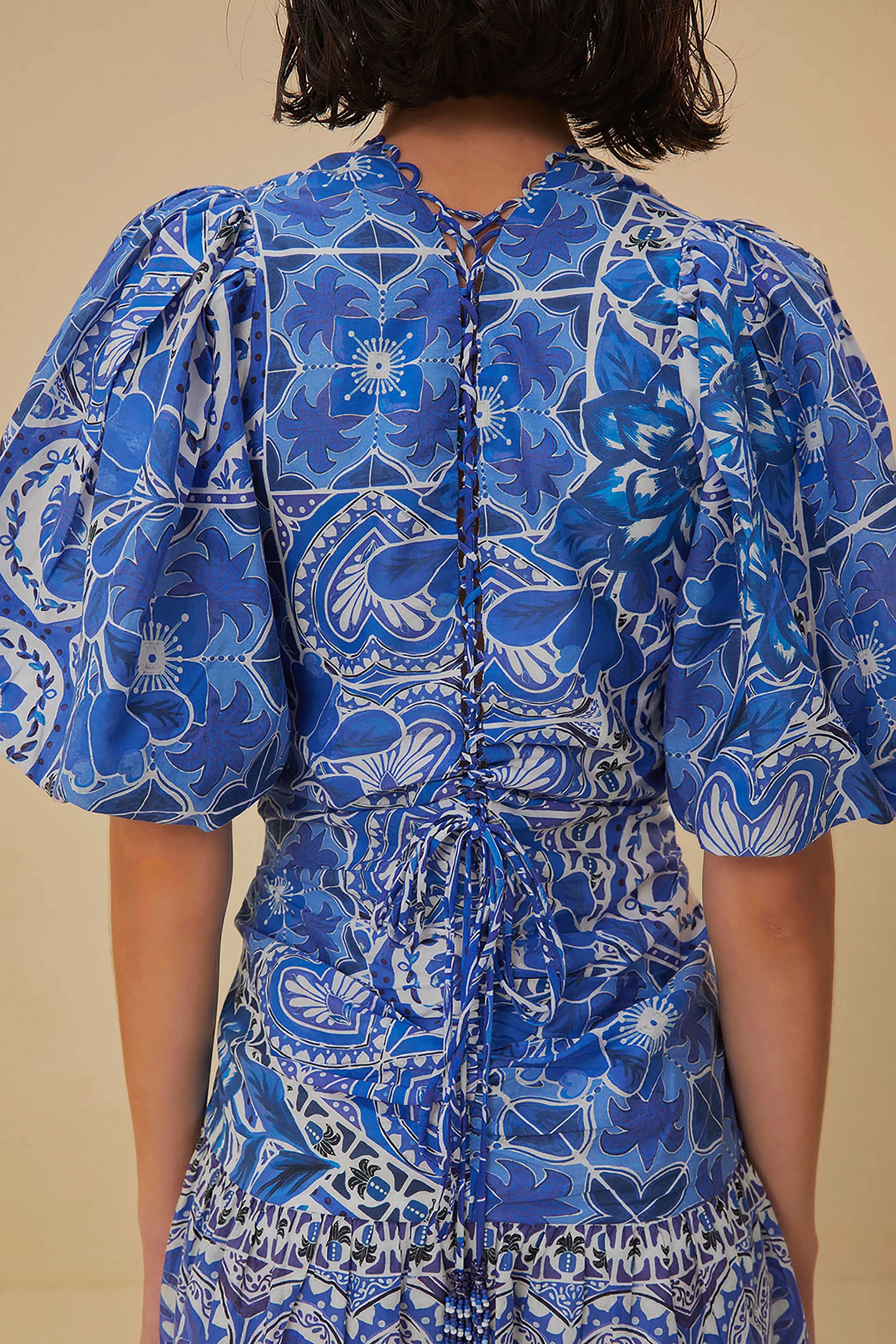 Blue Tile Dream Short Sleeve Mini Dress Edge Shine