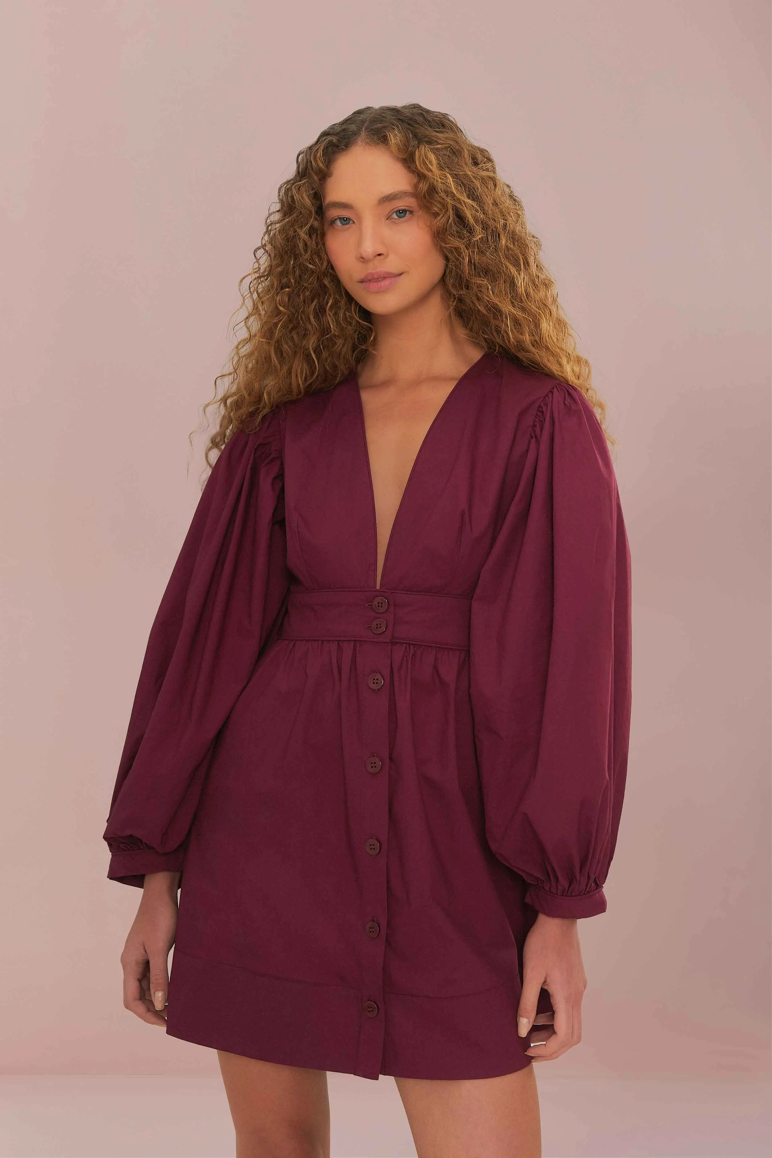 Burgundy Puff Sleeve Mini Dress Star Pop