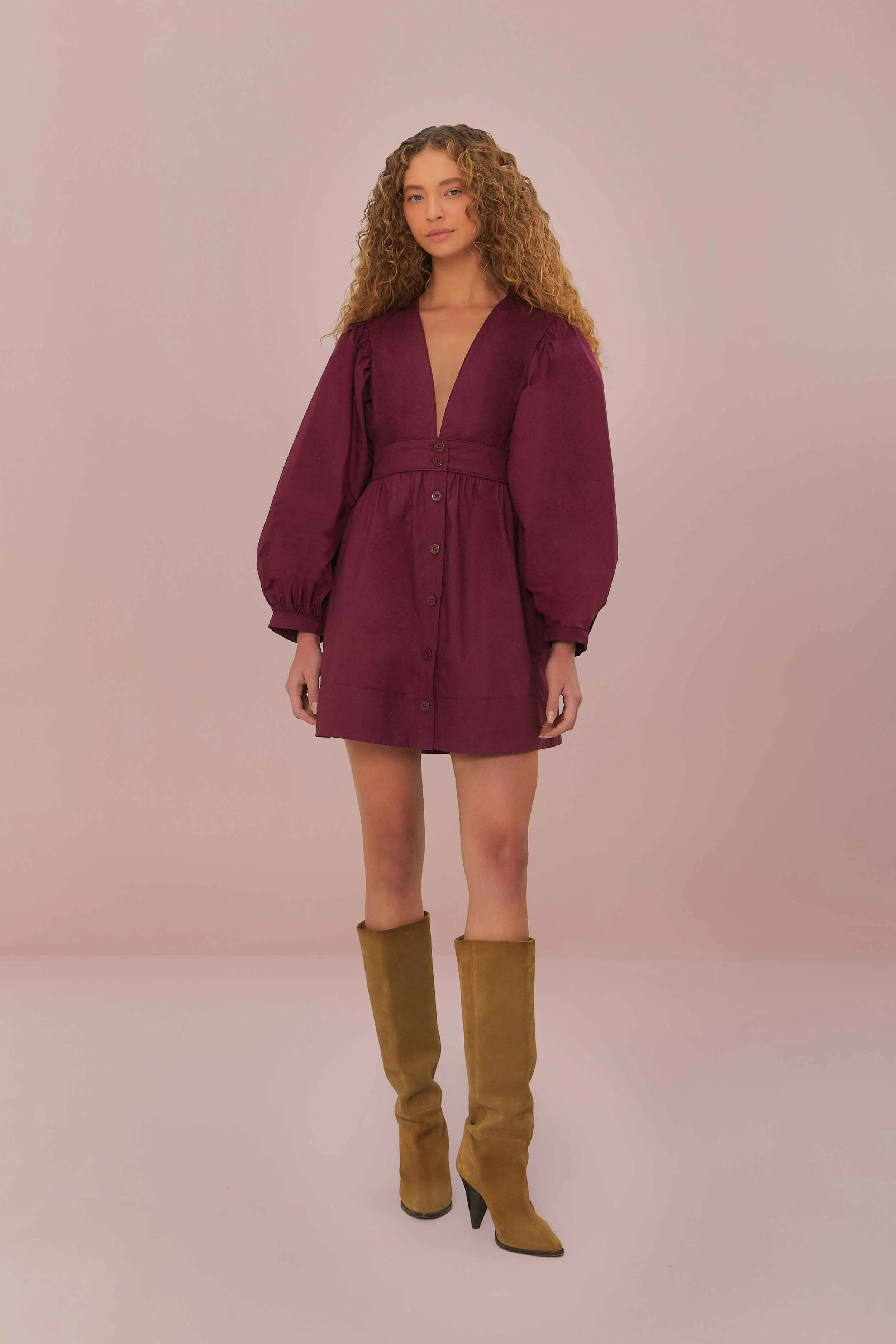 Floral design Butterfly Sleeve Option Burgundy Puff Sleeve Mini Dress