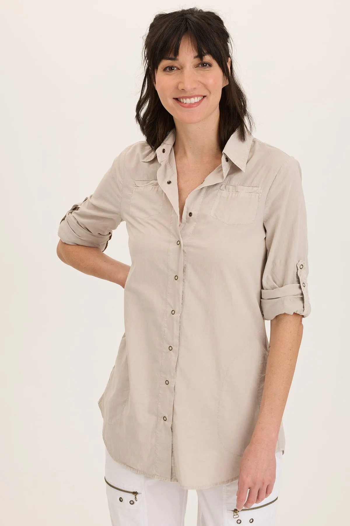 Reporter Soft Voile Button-Down Blouse Athleisure Cool HighNeckStyle