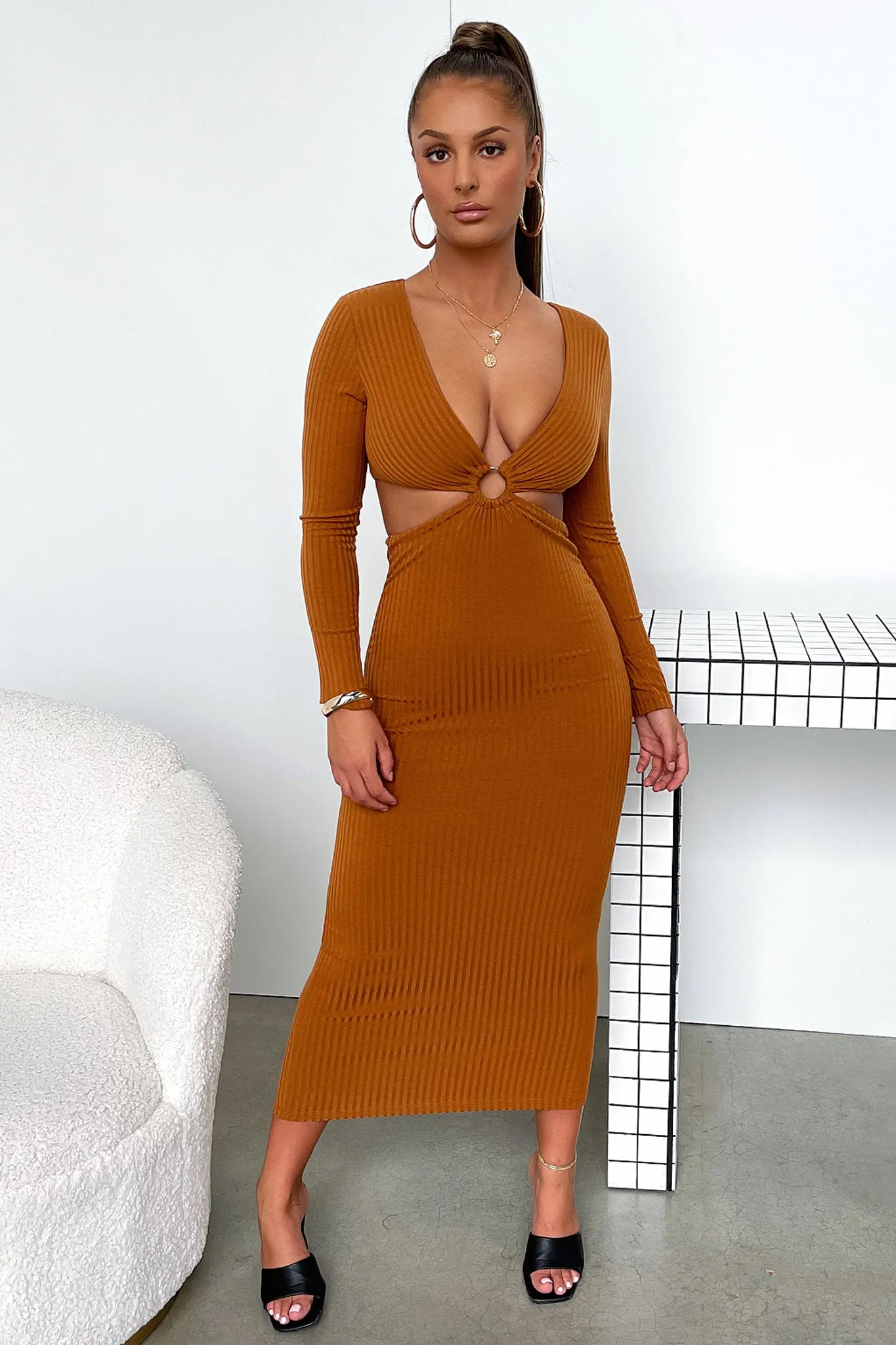 Laska Midi Dress - Rust Brown Storm Sky Elegant semi-formal gown