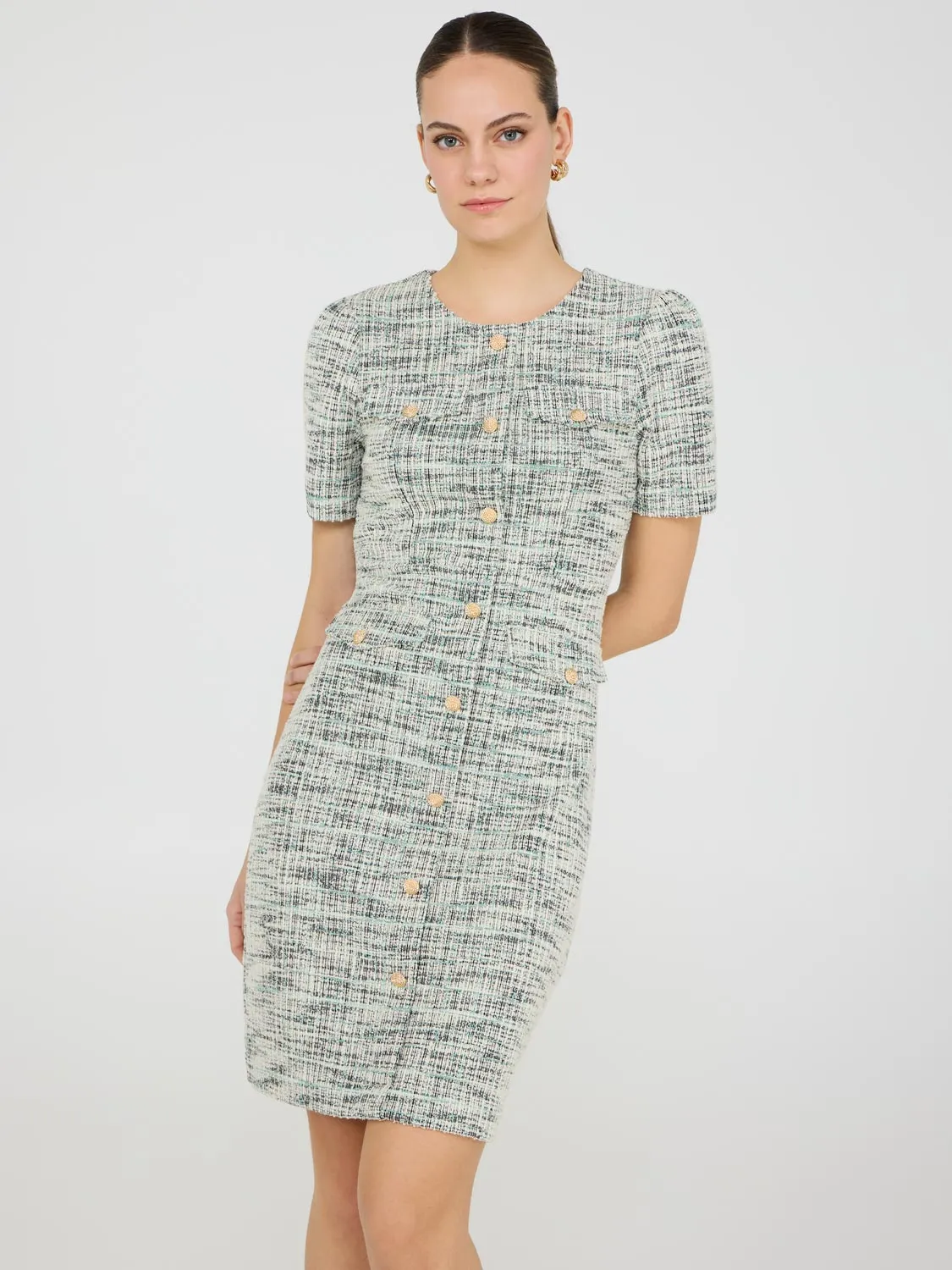 Eco Friendly Material Button-Front Boucle Sheath Dress
