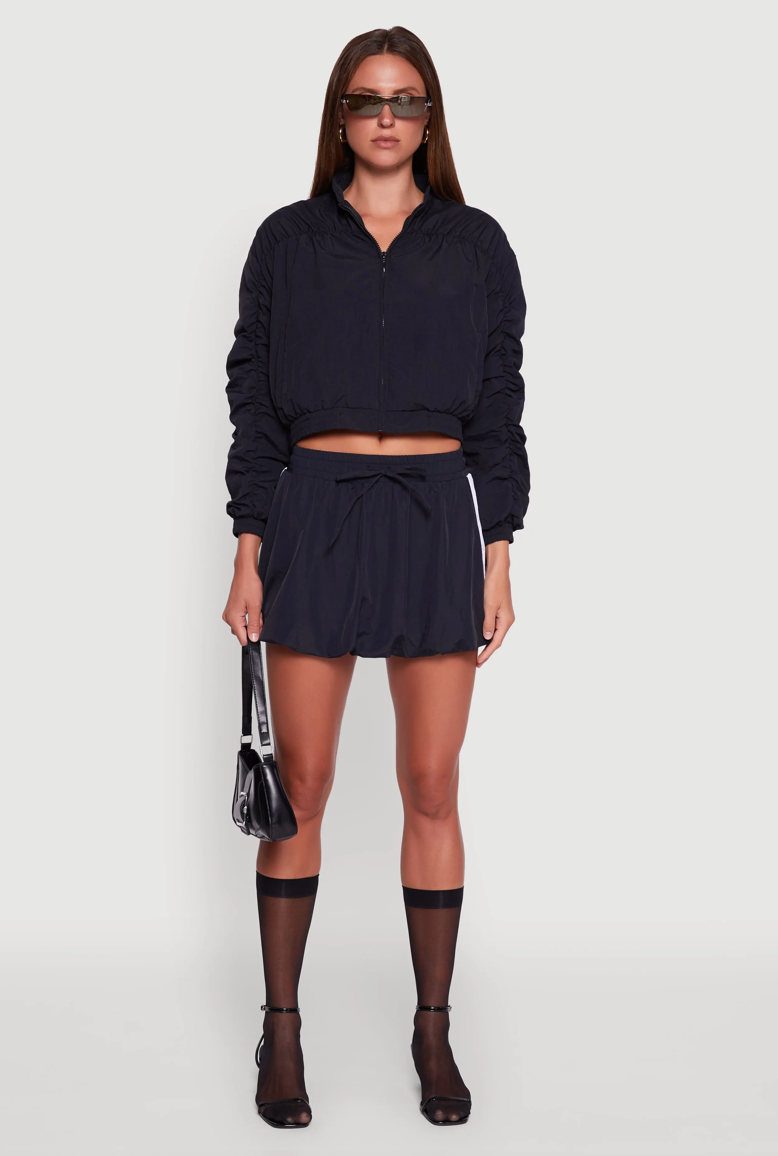 Simple Motion Contrast Trim Windbreaker Bubble Skirt