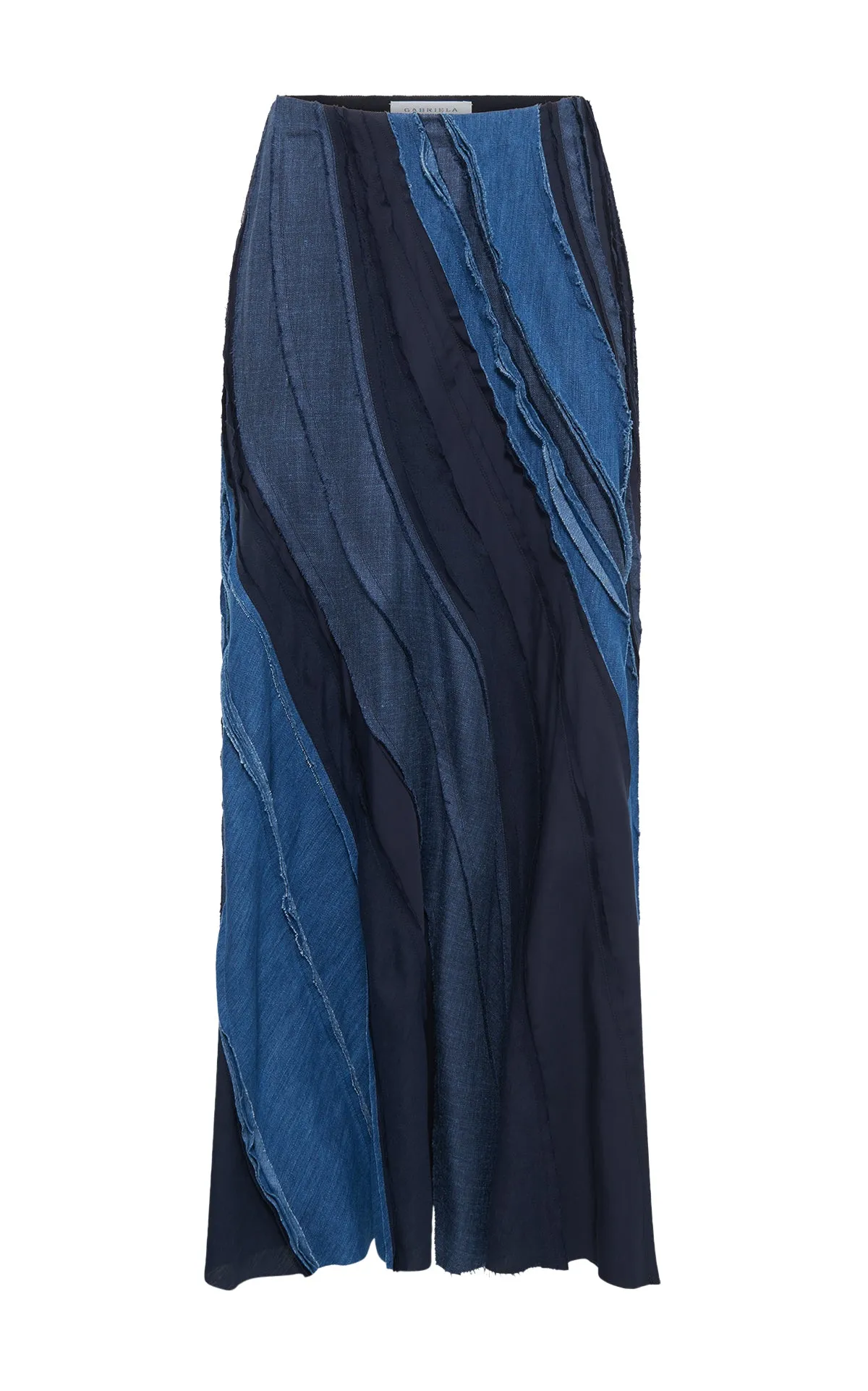 Elora Patchwork Midi Skirt in Medium Blue Recycled Cotton Linen Denim Neat Style Outdoor Gathering