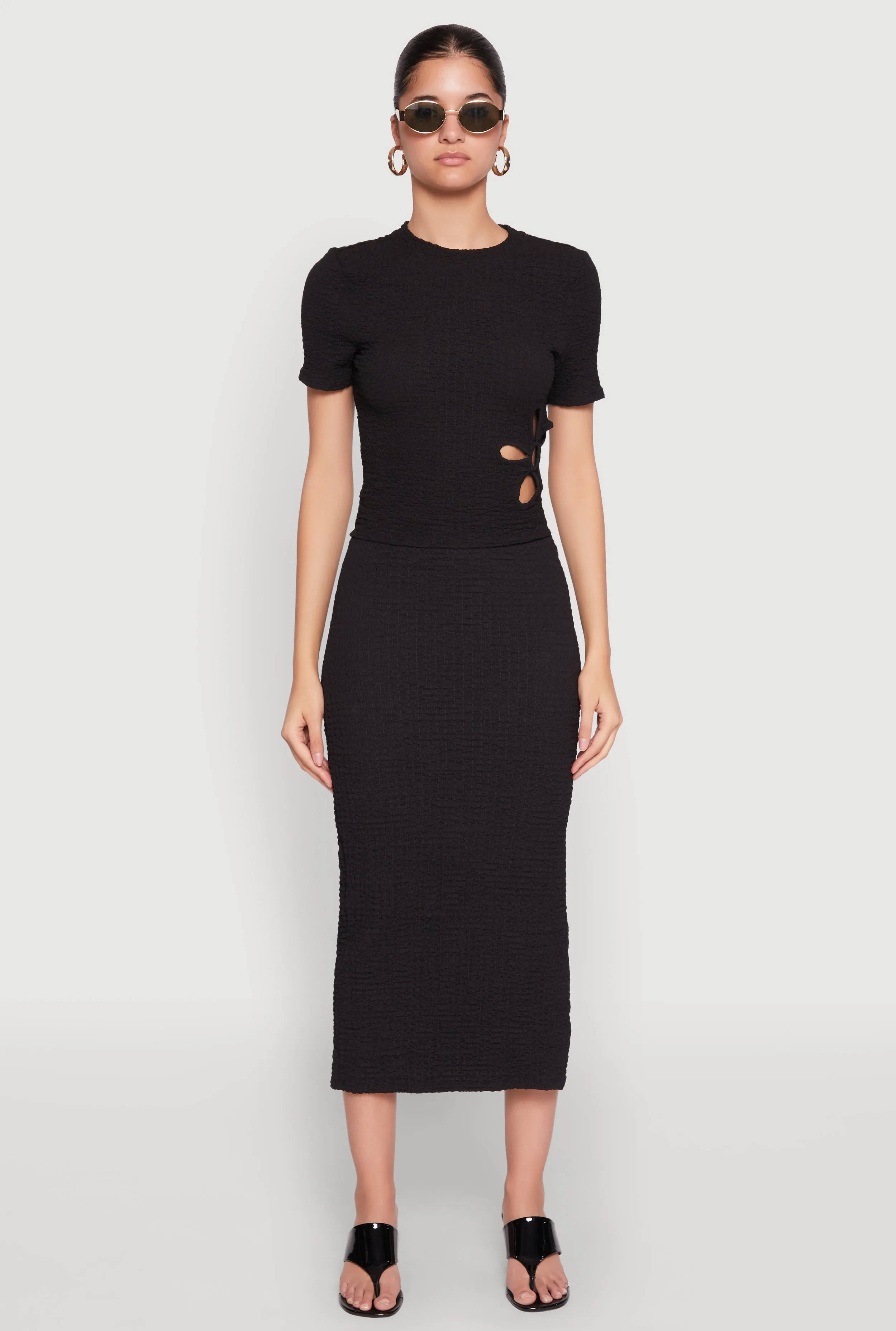 Textured Knit Side Slit Midi Skirt Breathable Comfort button detail