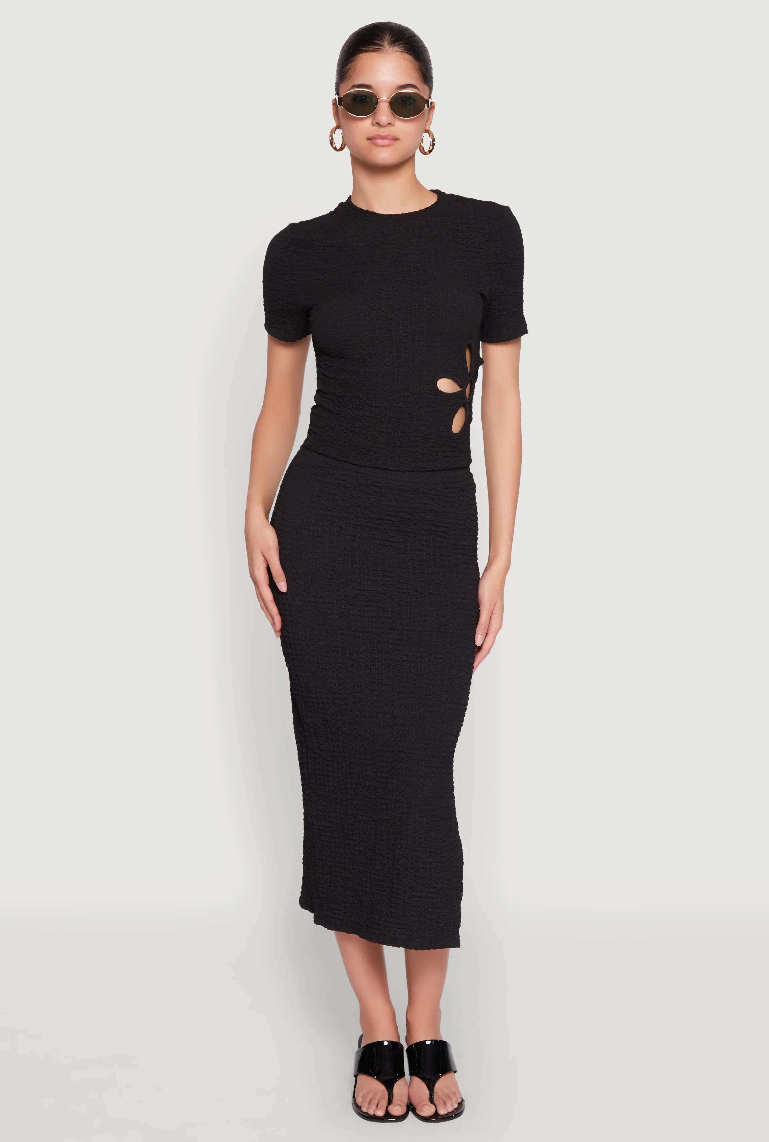 Textured Knit Side Slit Midi Skirt City Wear Effortless Feel