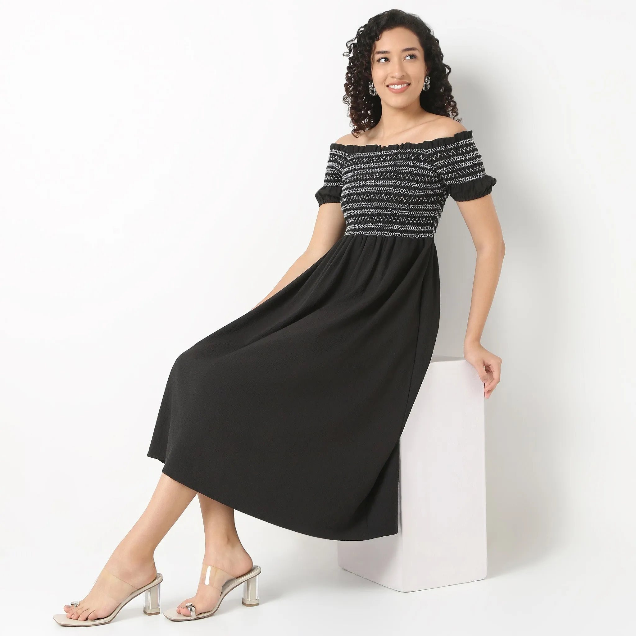 Off-Shoulder Neck Solid Flared Dress Hike Fit