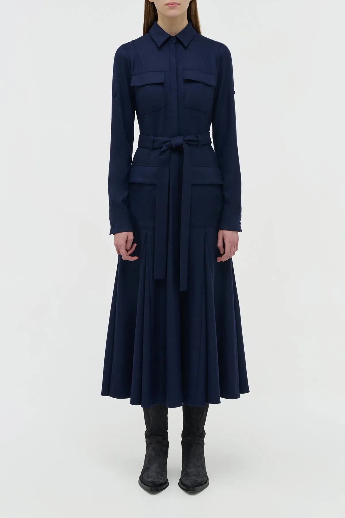 Planet Care MoistureManagementSystem Meyer Pleated Maxi Shirtdress in Navy Wool Cashmere Flannel