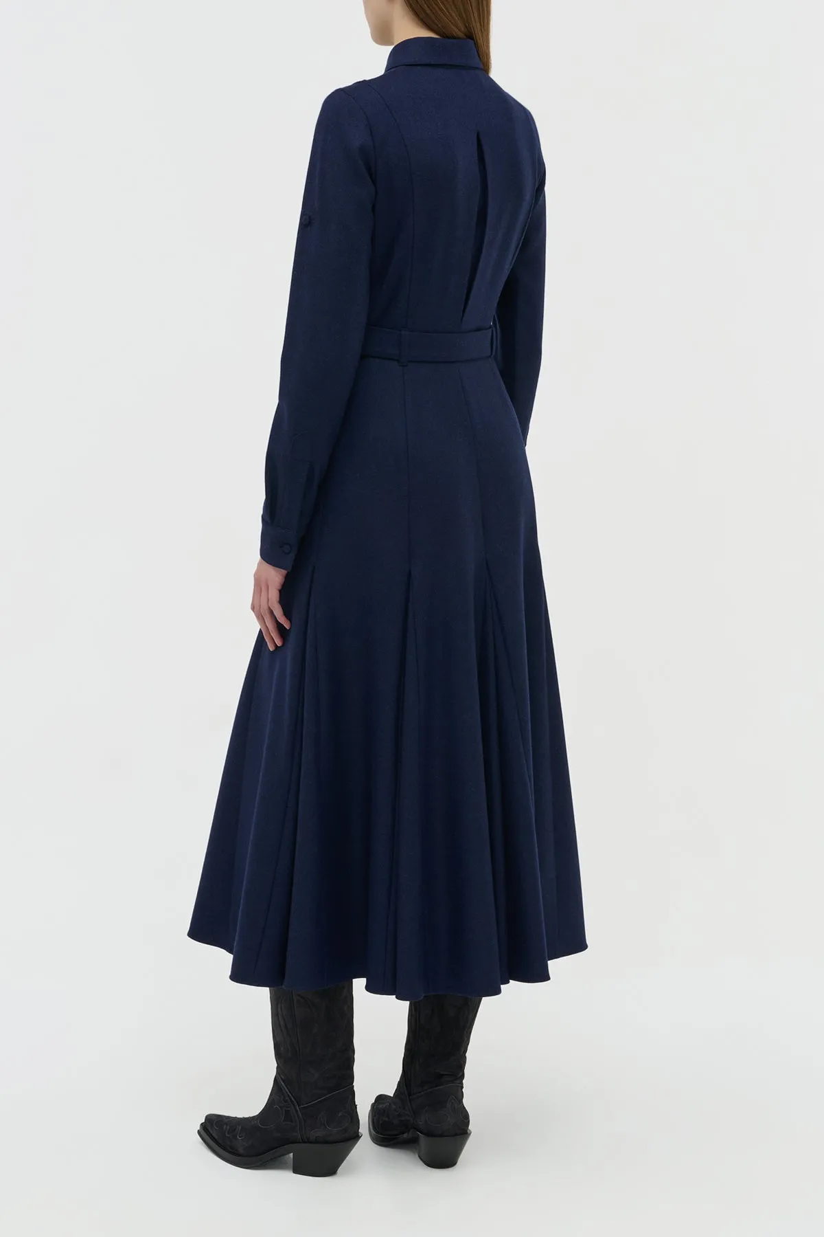 WrinkleResistantFabric Recycled materials Meyer Pleated Maxi Shirtdress in Navy Wool Cashmere Flannel