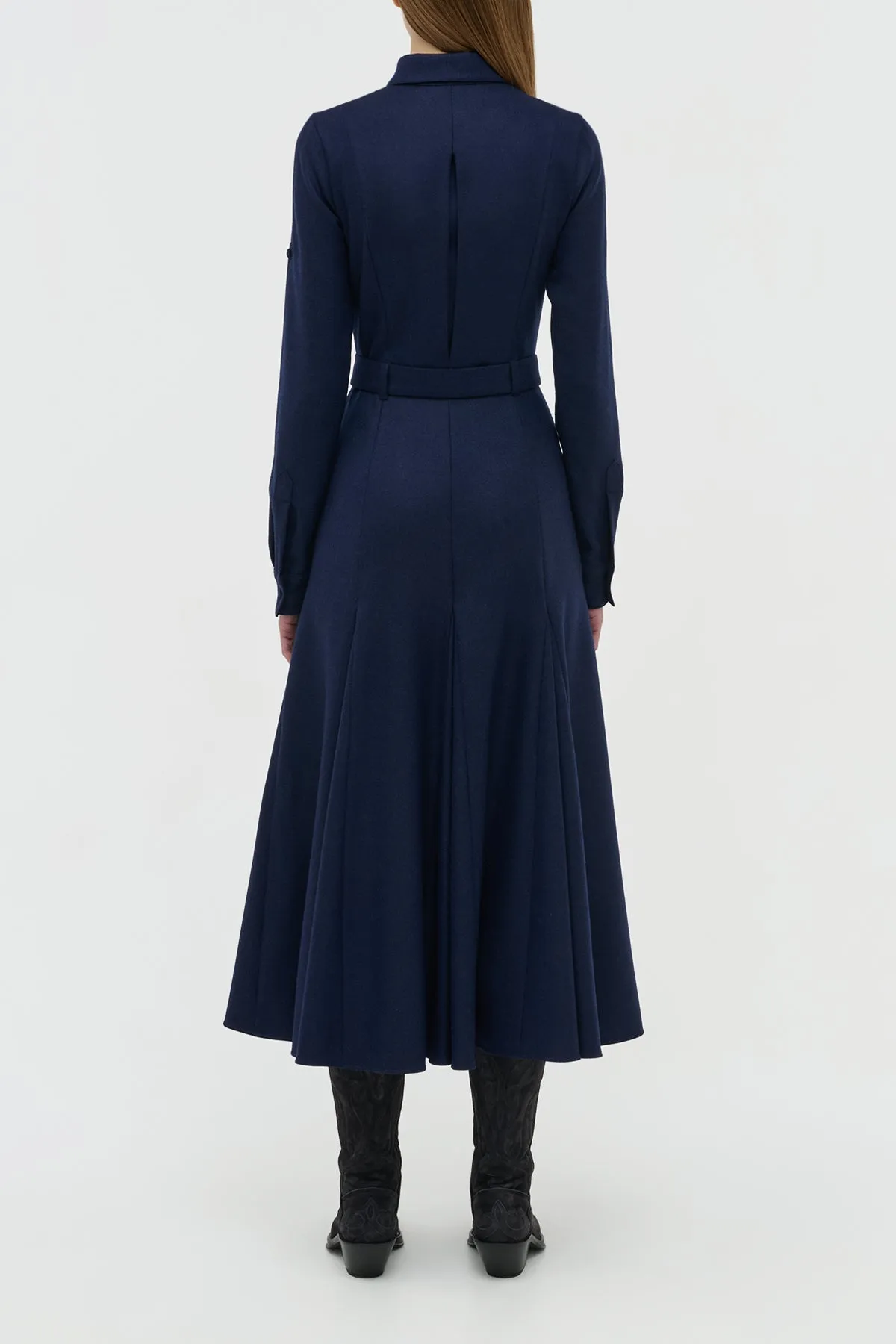 Meyer Pleated Maxi Shirtdress in Navy Wool Cashmere Flannel Gloss Fit Green Soul