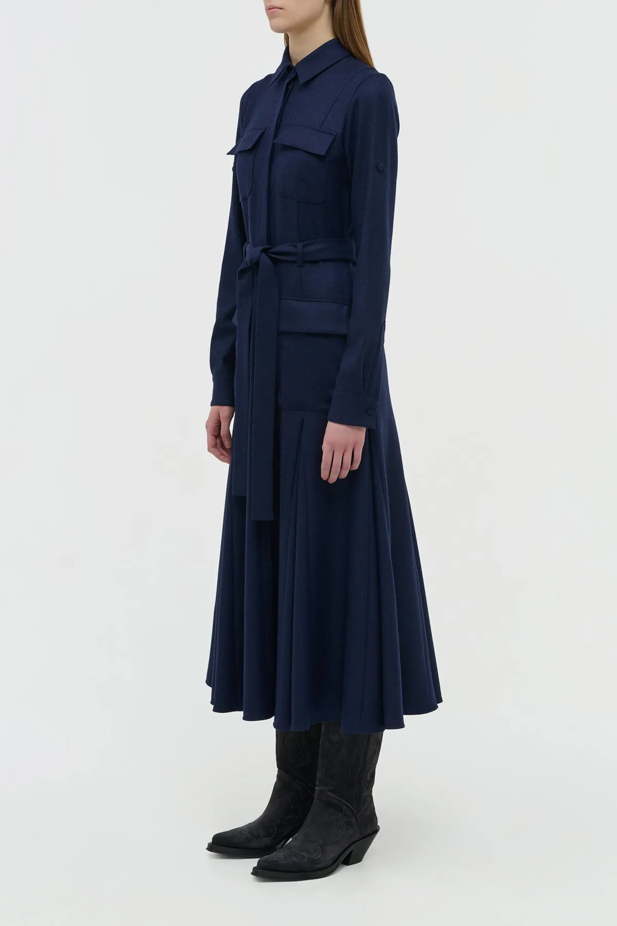Winter Core Meyer Pleated Maxi Shirtdress in Navy Wool Cashmere Flannel