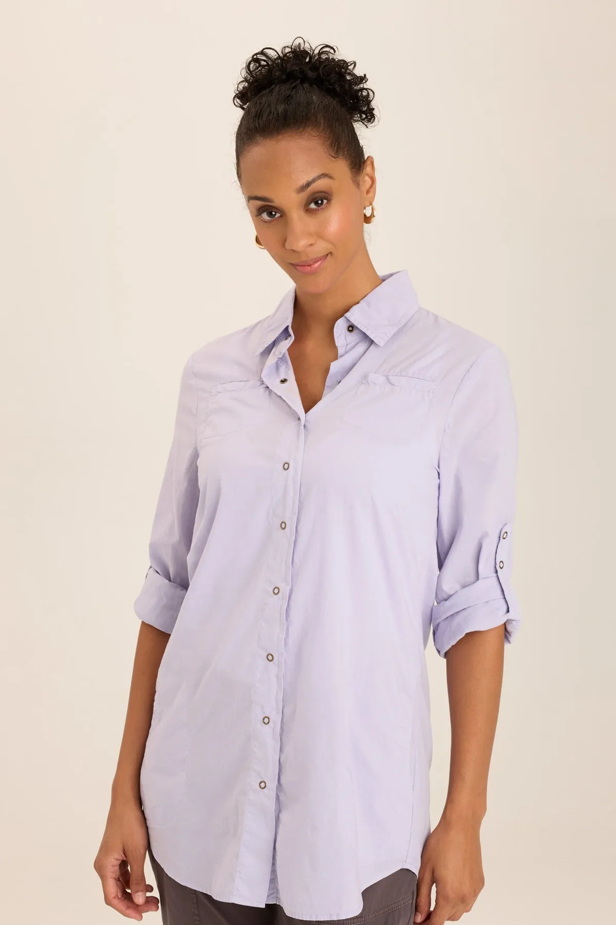 Reporter Soft Voile Button-Down Blouse StretchWaistband Hot Core