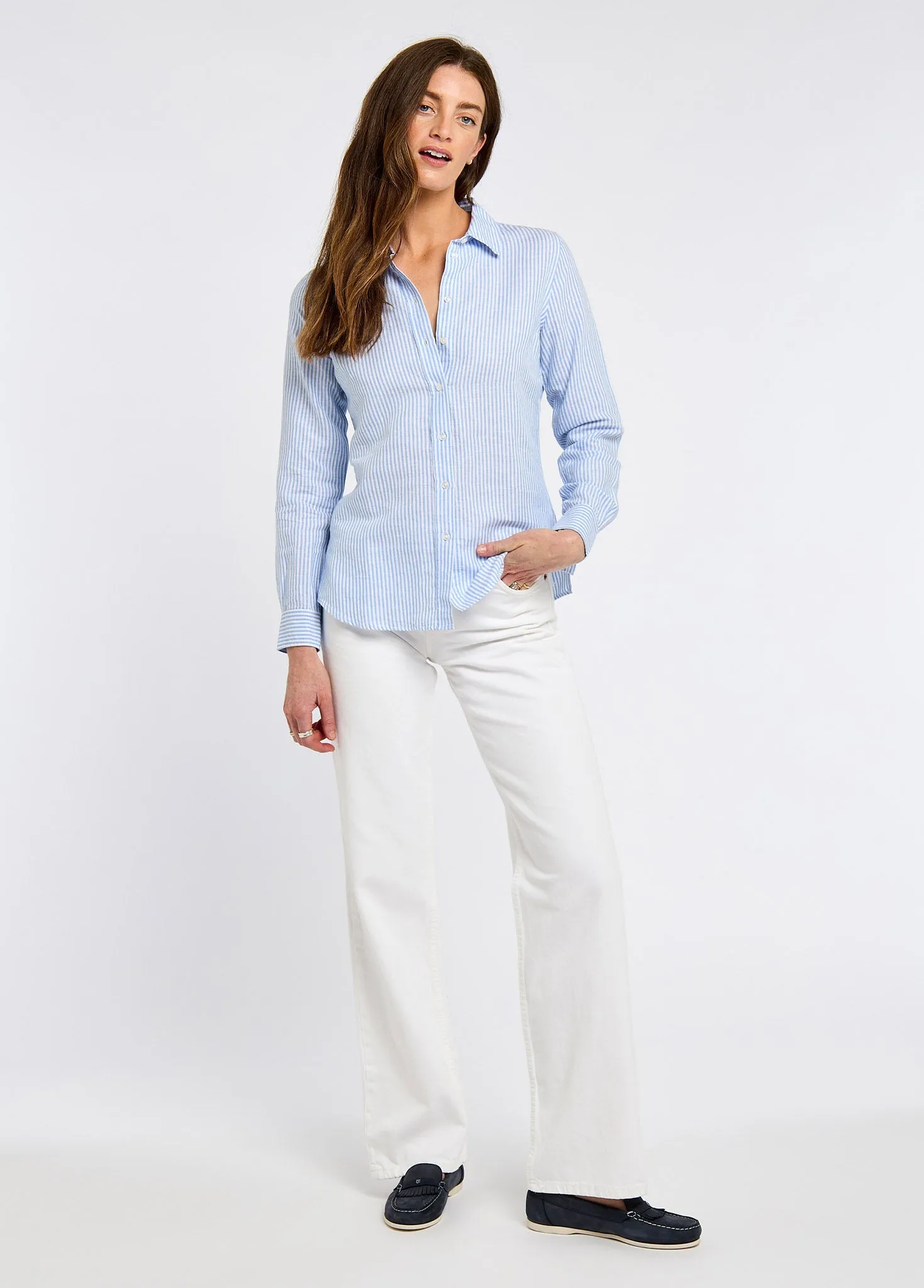 Happy Core Butterfly Women??s long sleeve linen shirt- blue
