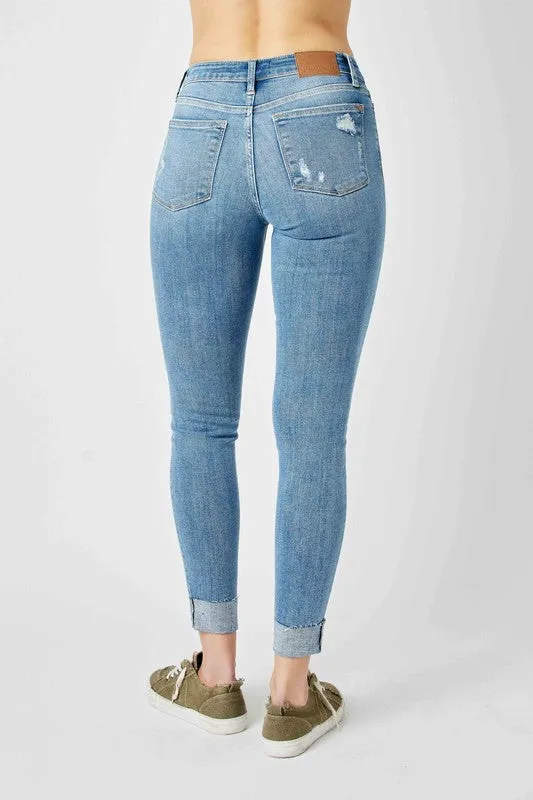HiddenZipperClosure Judy Blue Medium Wash Destroyed Cuffed Skinny