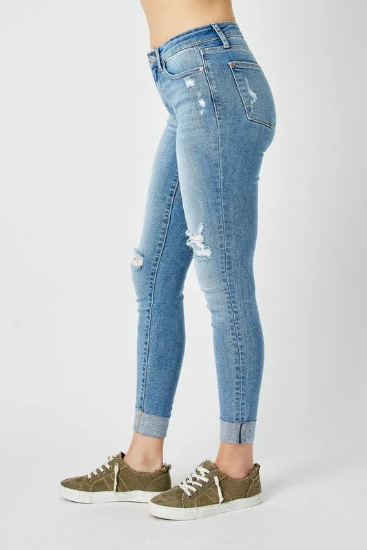 Judy Blue Medium Wash Destroyed Cuffed Skinny Sheer Glow WaterRepellentCoating