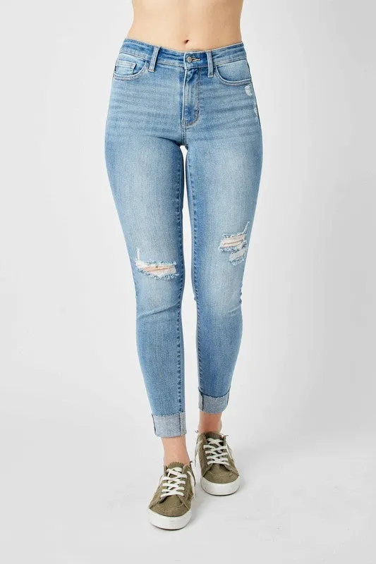 Judy Blue Medium Wash Destroyed Cuffed Skinny HygroscopicFiber