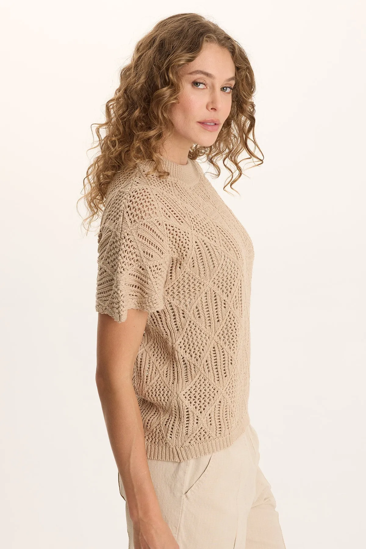 Copeland Cotton Knit Short-Sleeve Mock Neck Top Stage Soul AdjustableCuffs