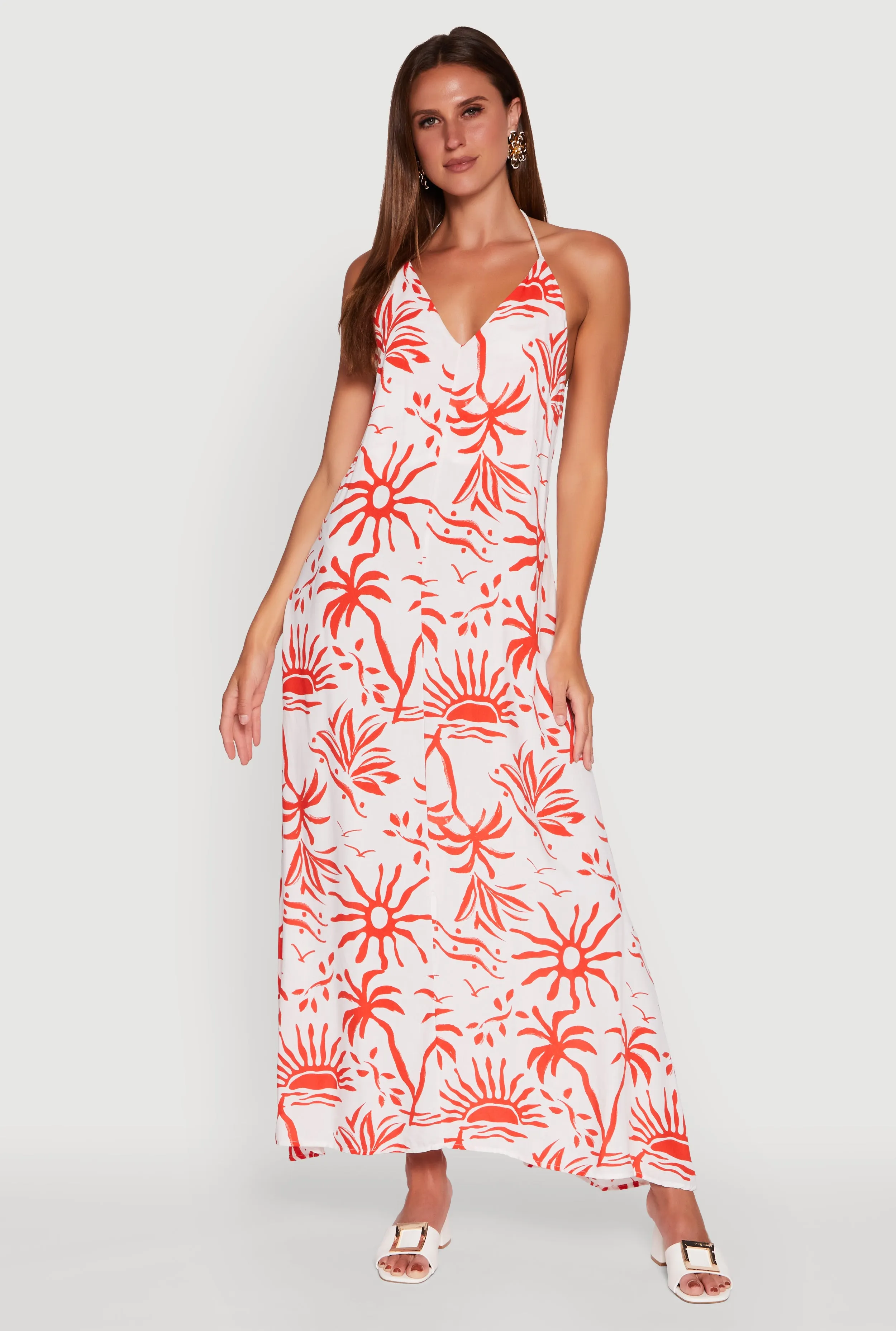 This dress offers a flattering fit that accentuates your shape without feeling tight Snow Field Tropical Print Caged Low Back Rope Halter Maxi Dress