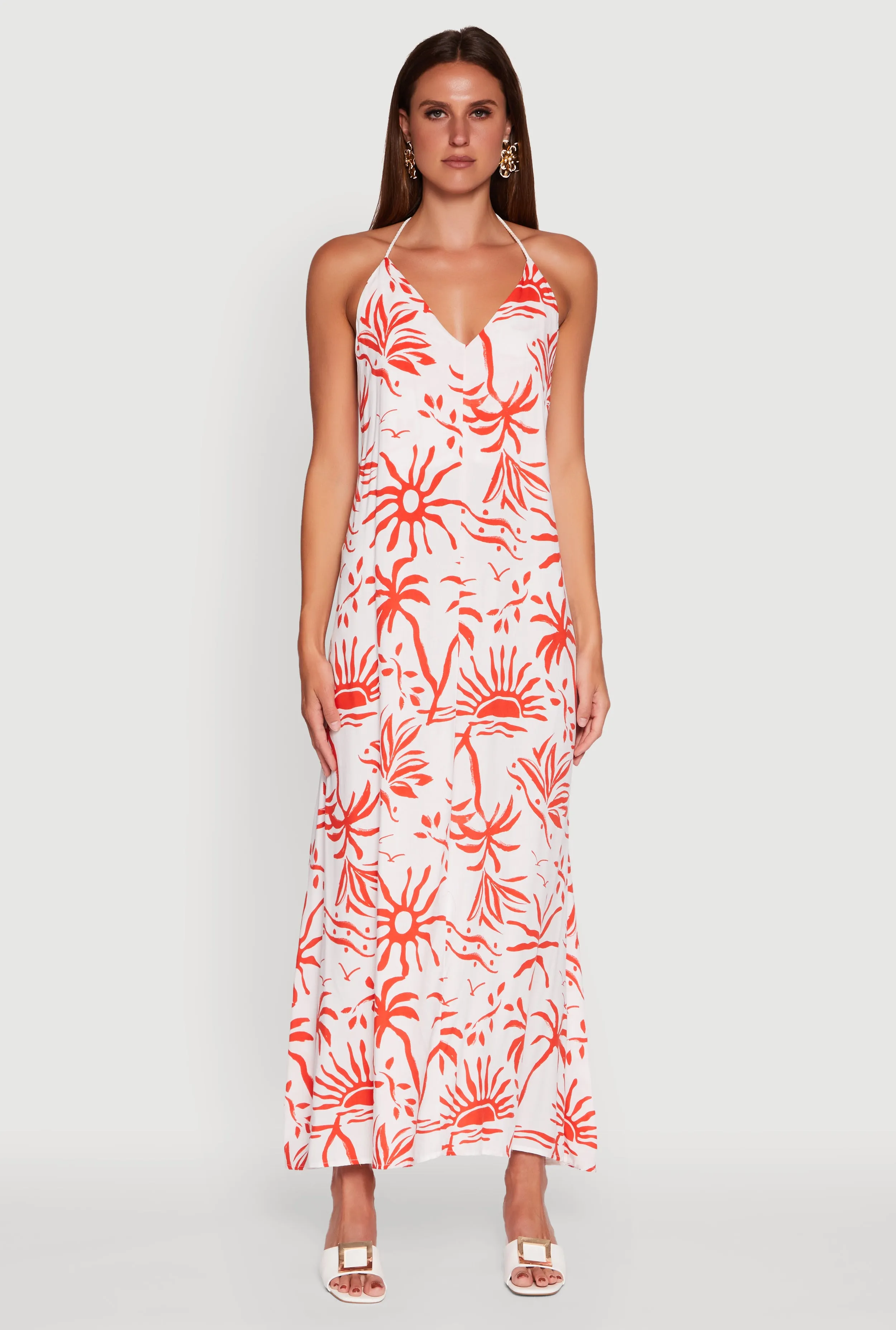 Stripe Flow With its graceful design this dress creates a polished look for any occasion Tropical Print Caged Low Back Rope Halter Maxi Dress