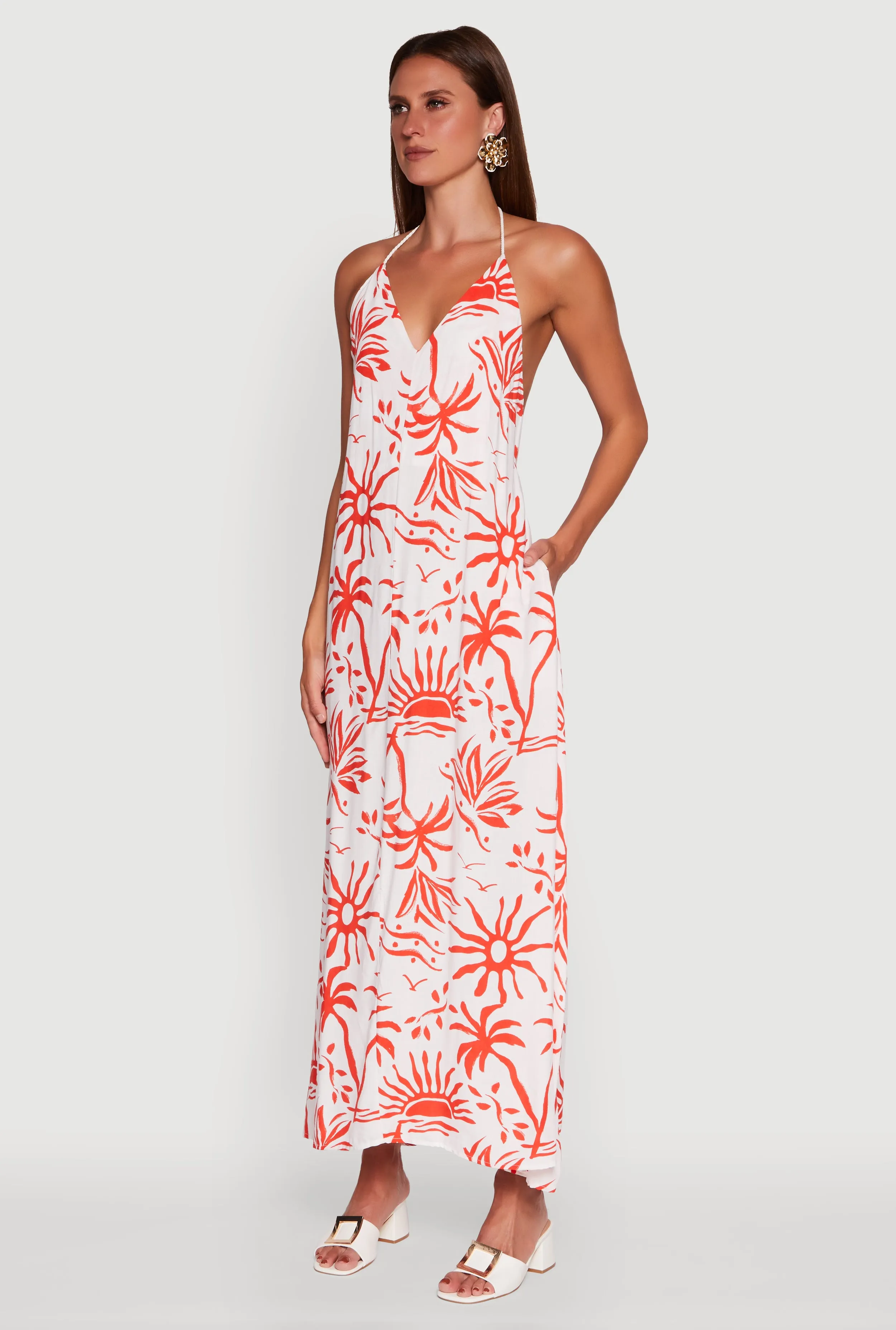 Tropical Print Caged Low Back Rope Halter Maxi Dress Canvas Soft Perfect for a day out or a night on the town this dress offers endless styling possibilities