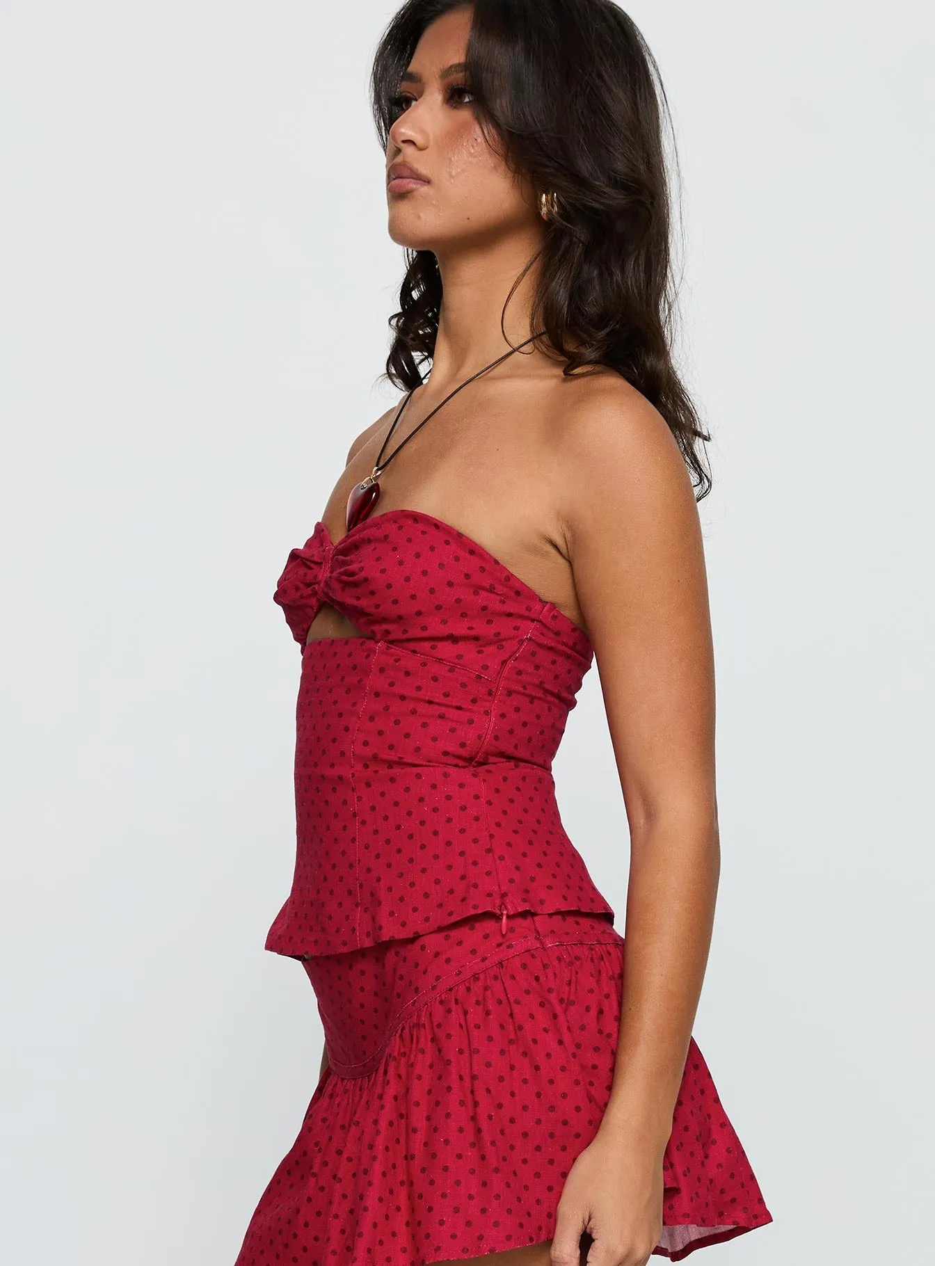 Kandee Twist Linen Blend Top Red Polka Buttonless Closure AntiPillingTreatment