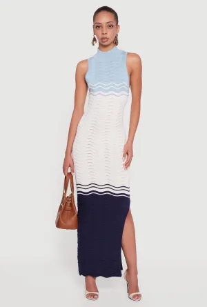Soft drape summer gown Color Blocked Wavy Stripe Side Slit Maxi Dress