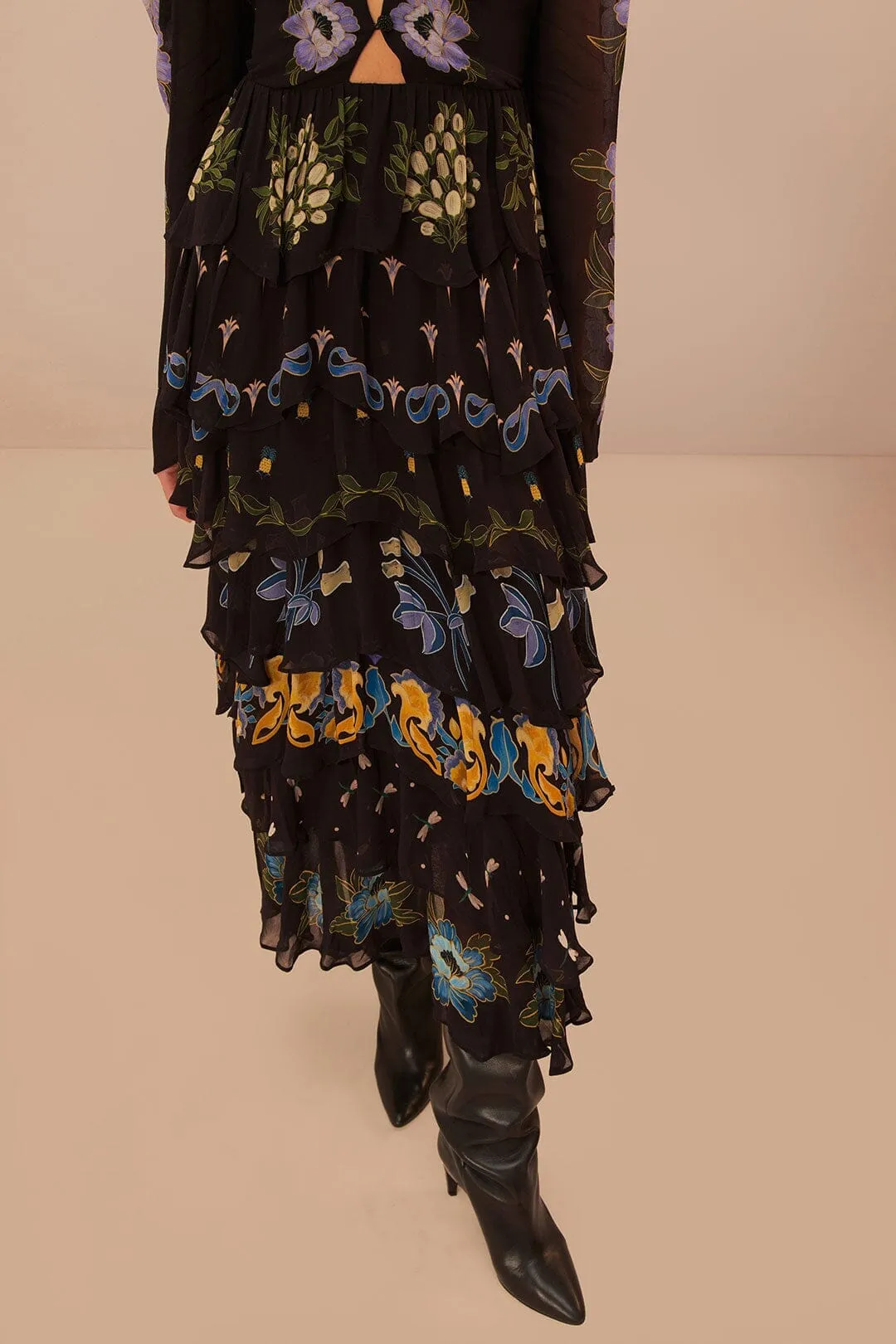 Black Winter Garden Ruffle Maxi Dress This dress creates a flattering silhouette while remaining breathable and comfortable handmade detail