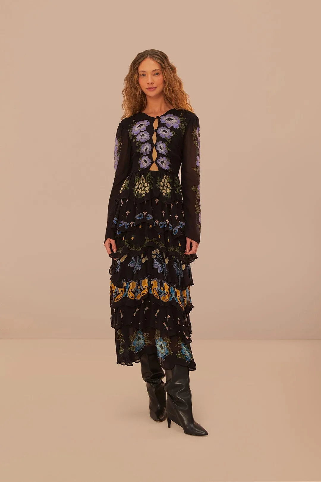 This maxi dress is designed to be worn season after season due to its timeless appeal Stitch Glow Black Winter Garden Ruffle Maxi Dress