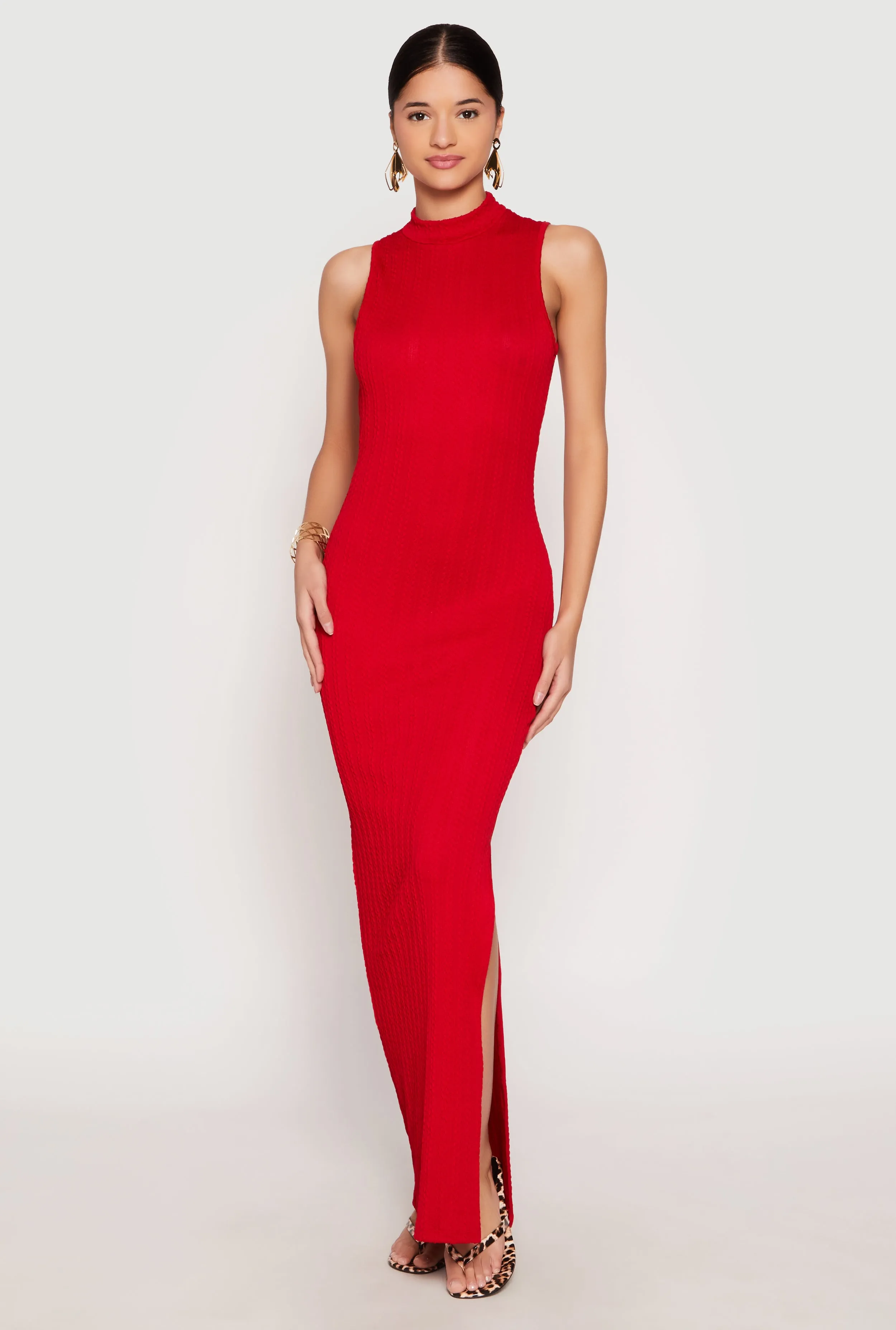 Ethnic Vibe With a flowy skirt and a structured top this maxi dress offers a perfect balance of comfort and style Textured Knit Turtleneck Maxi Dress