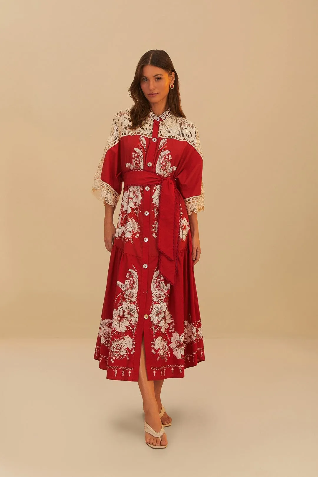 Gentle Power Everyday Chic Red Floral Chains Guipure Midi Dress
