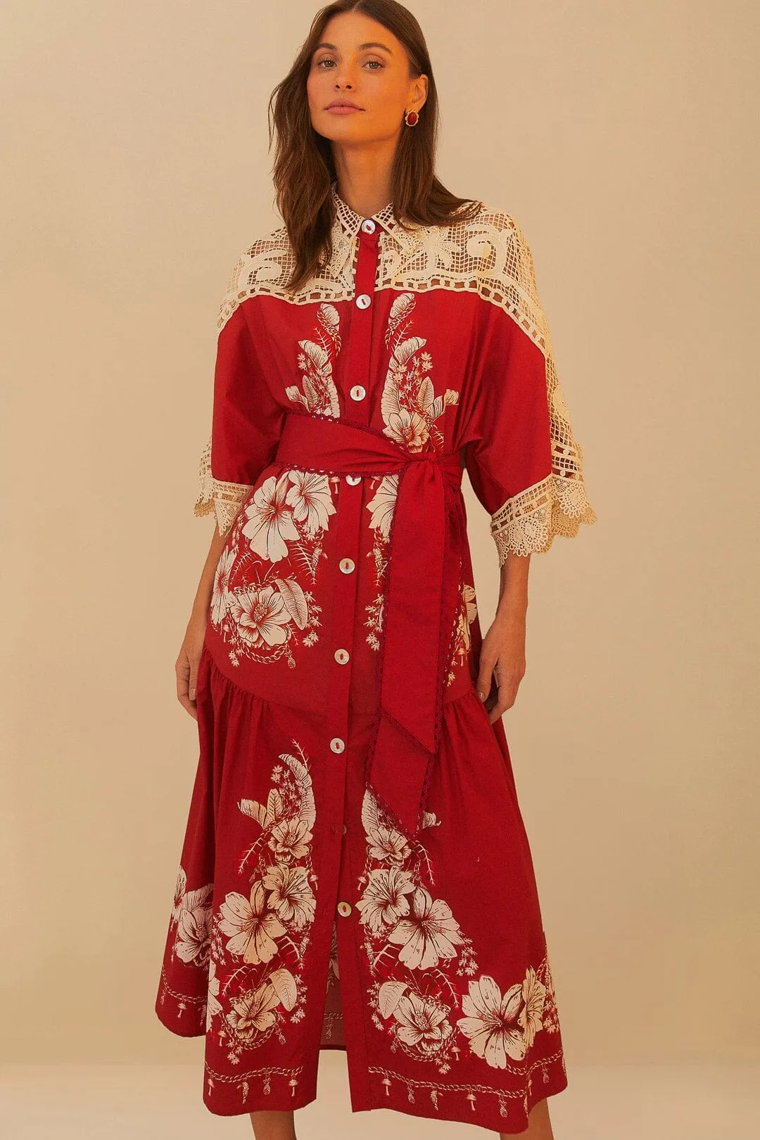 Red Floral Chains Guipure Midi Dress Tram Ride