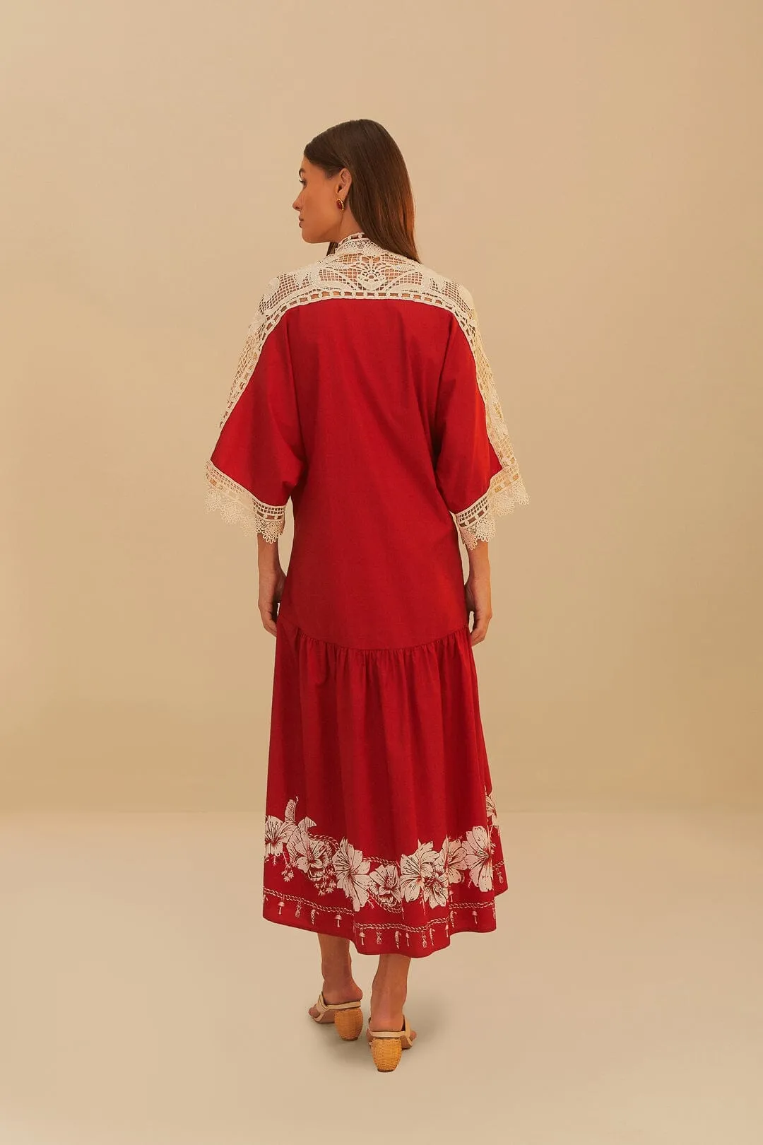 Red Floral Chains Guipure Midi Dress Soft draping fabric dress Fresh Shore