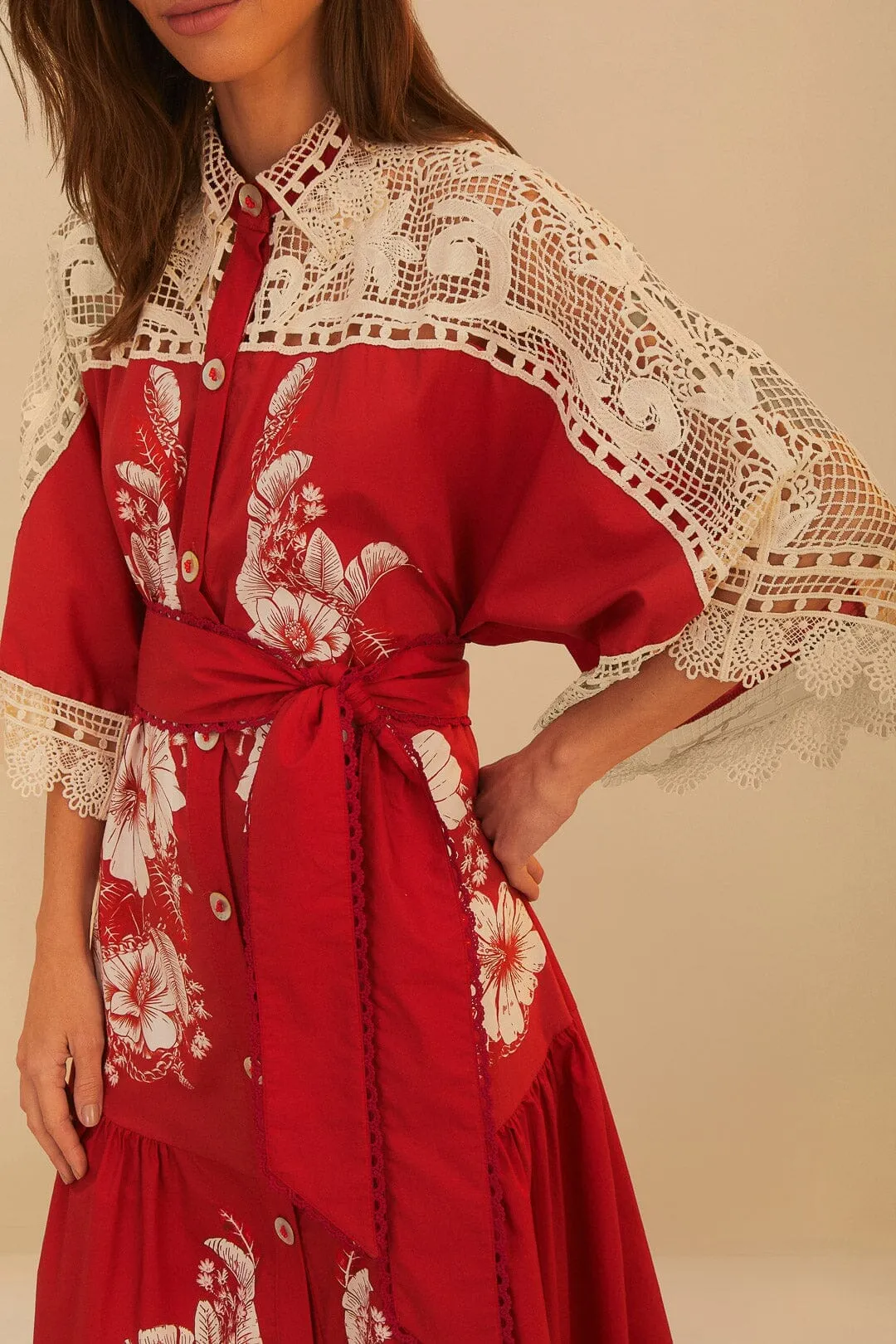 Red Floral Chains Guipure Midi Dress Trendy Outfit Polished Design